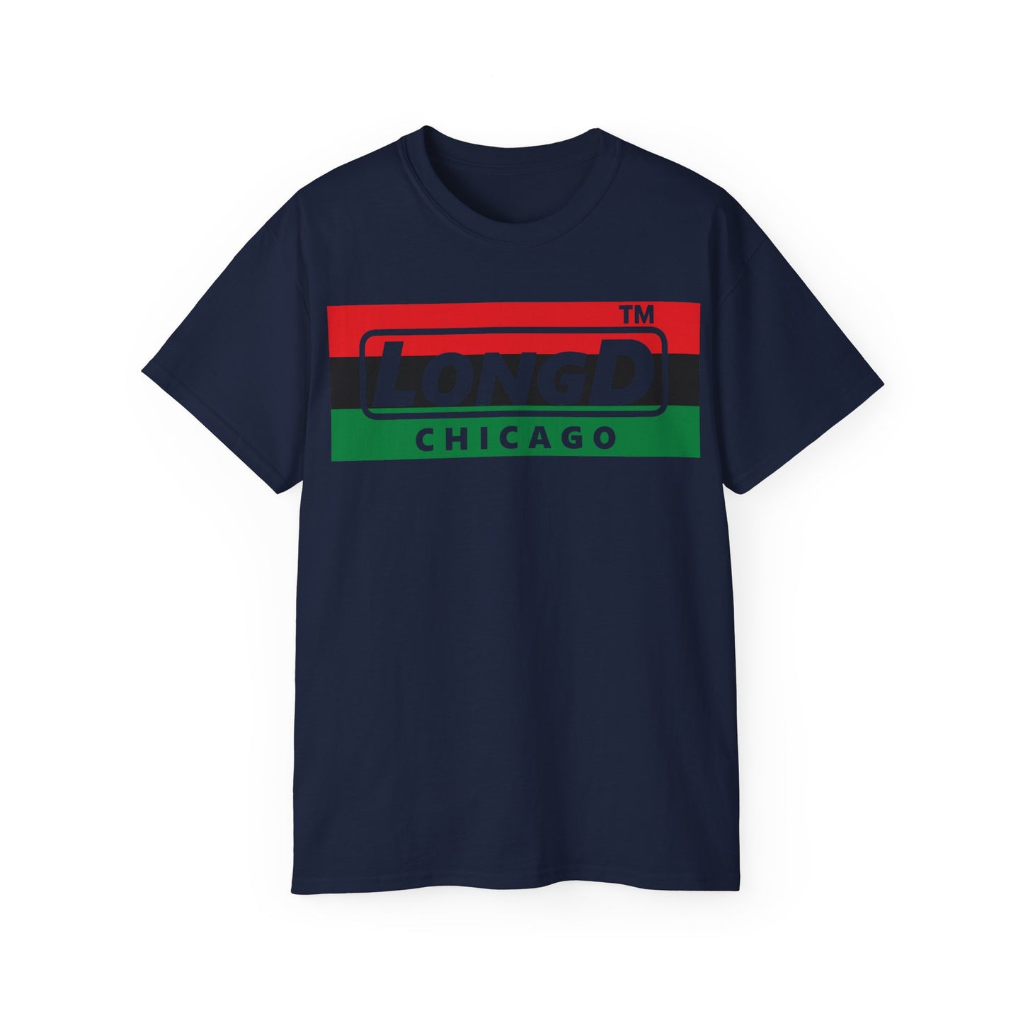 LongD negative horizontal 3-striped Chicago logo cotton tee (Juneteenth colors)