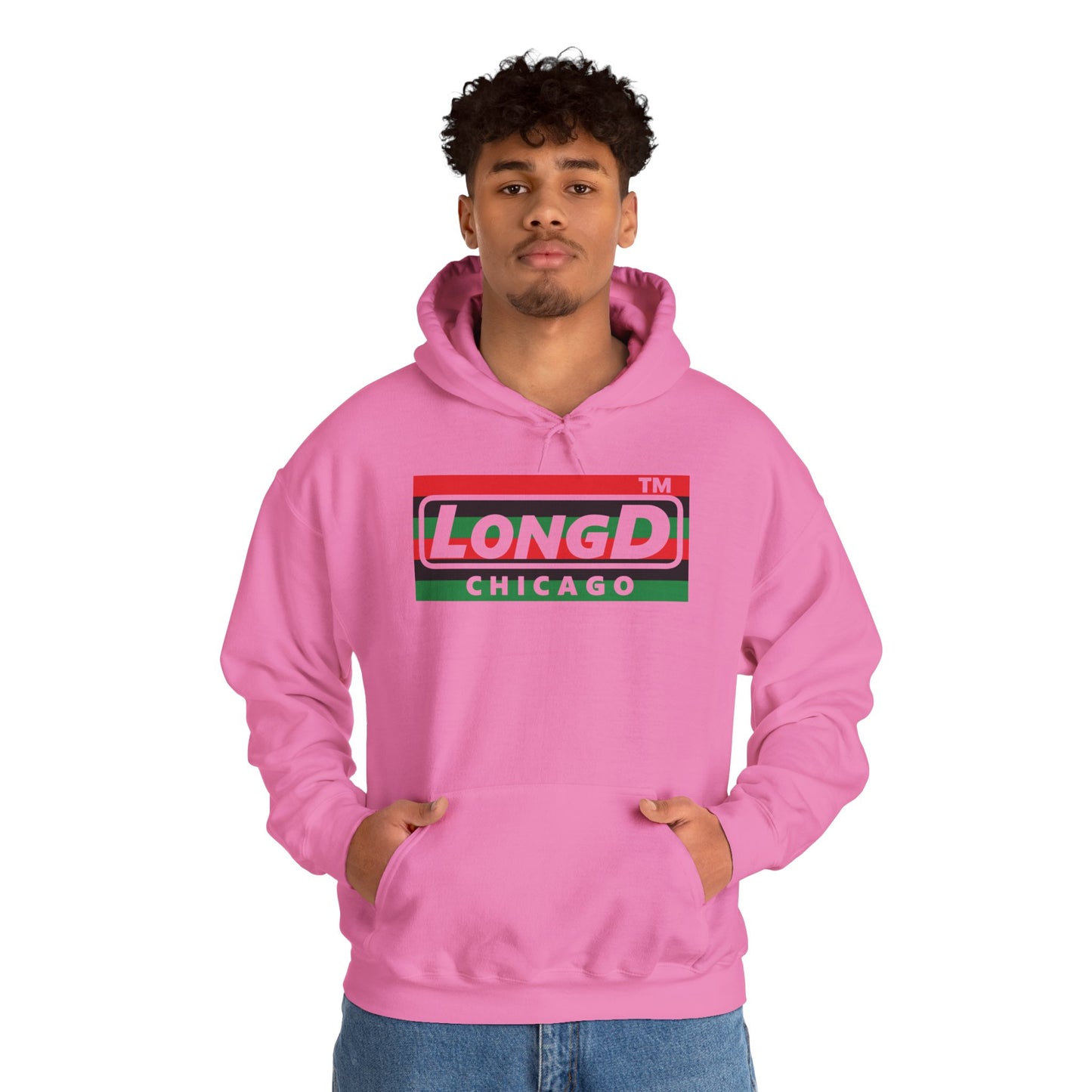 LongD® negative horizontal 6-striped Chicago logo Hoodie (Juneteenth colors)