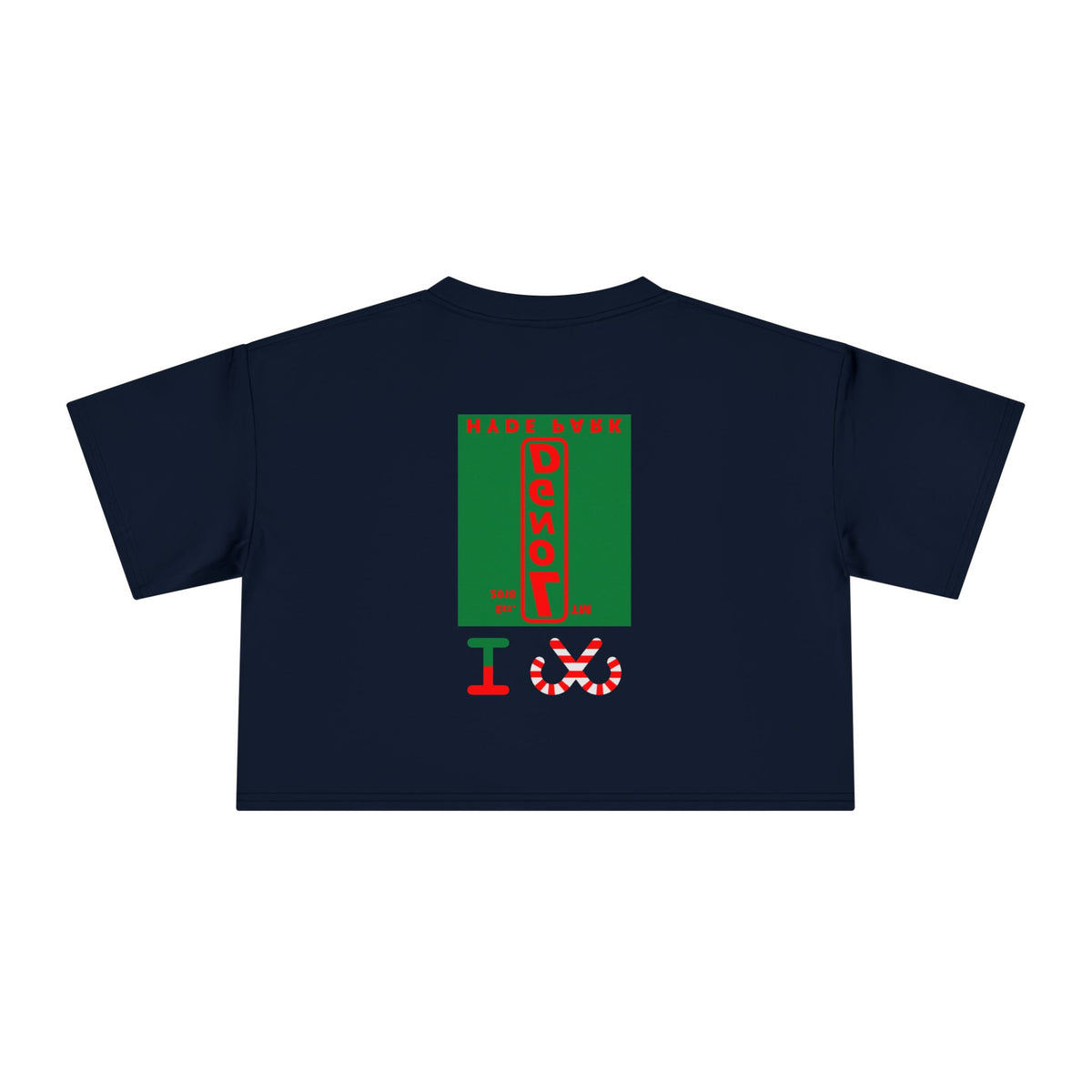 I candy cane LongD Hyde Park upright front-back logo positive red on negative green crop tee