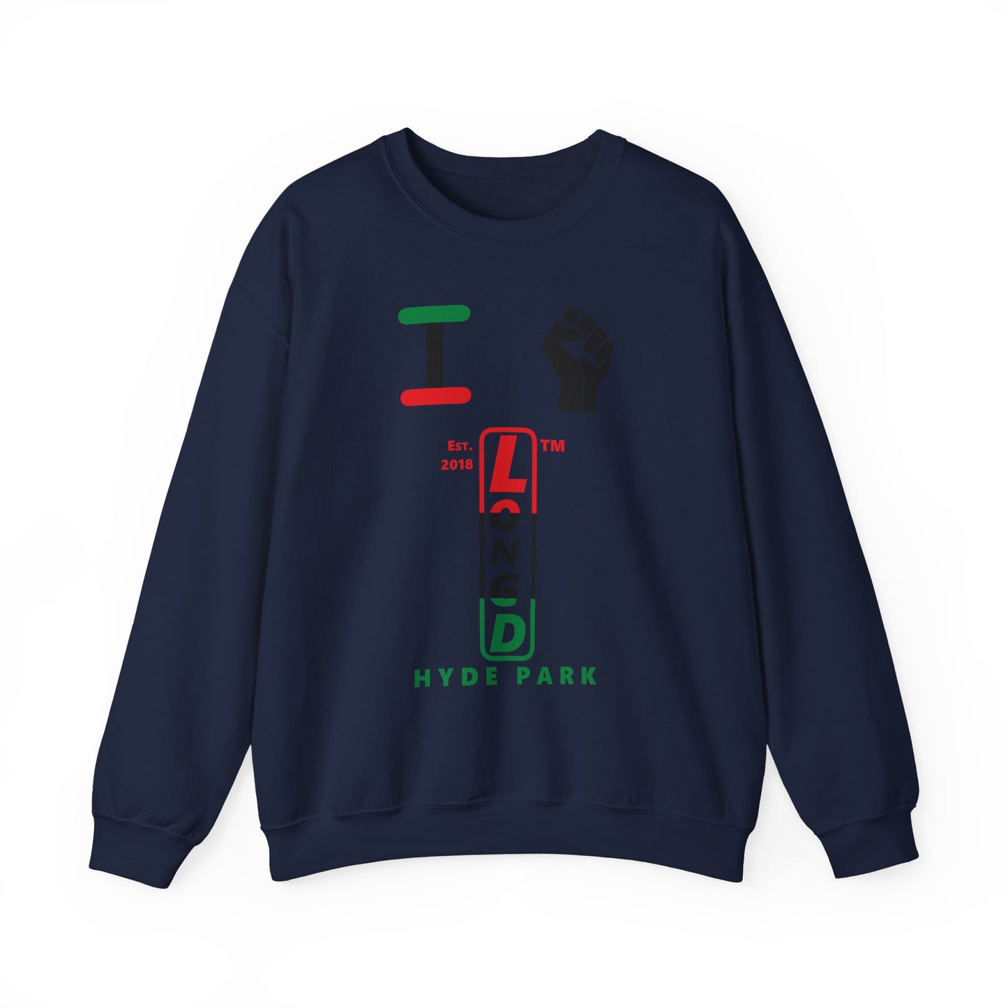 I Fist LongD positive horizontal 3-striped Hyde Park upright logo crewneck sweatshirt