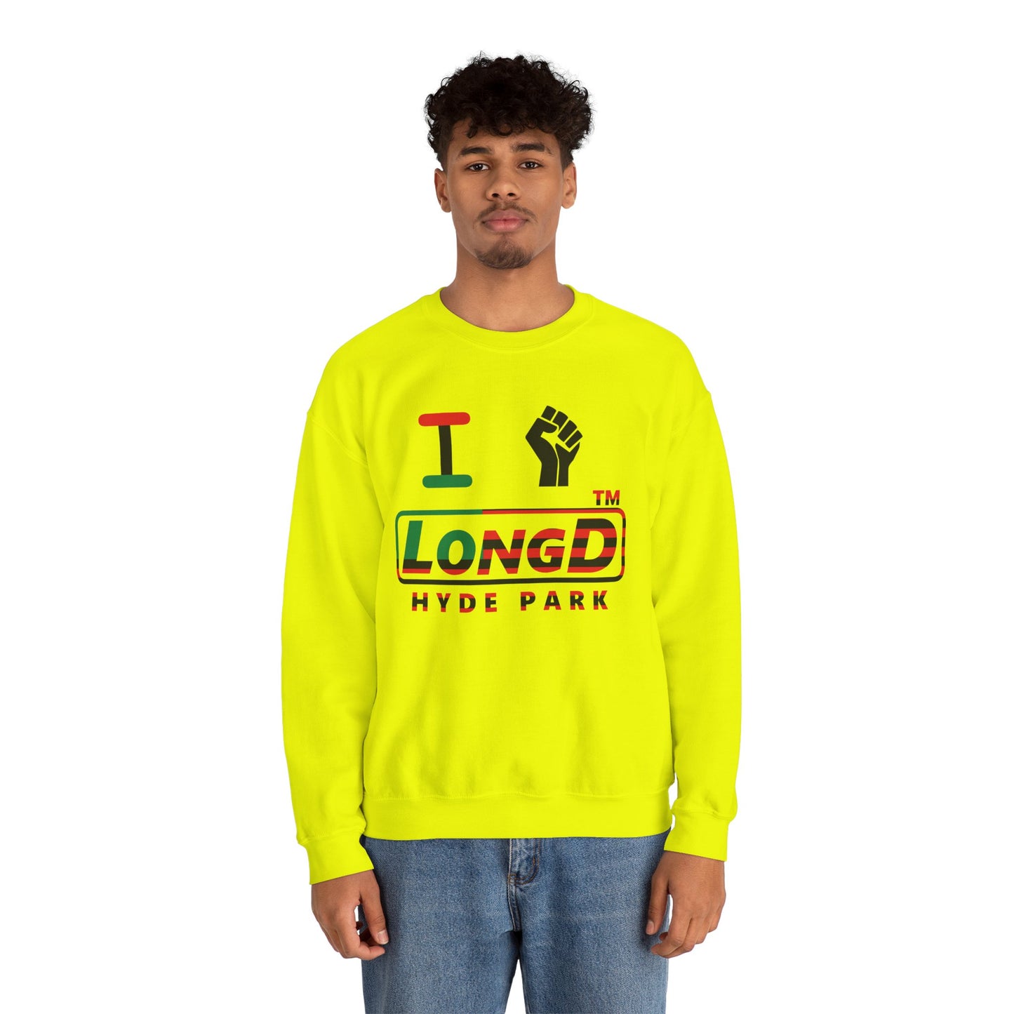 I fist LongD positive flag Hyde Park logo crewneck sweatshirt