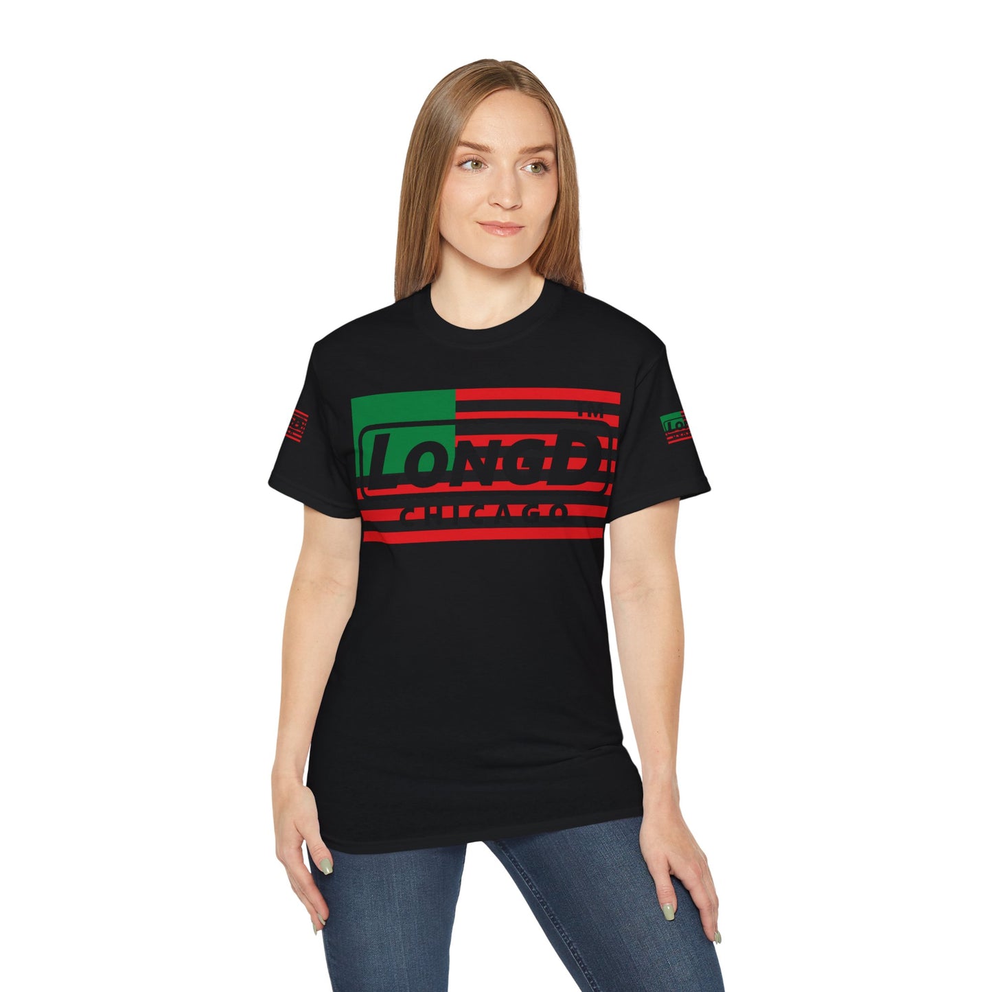 LongD negative flag Chicago logo 4-print cotton tee (Juneteenth colors)