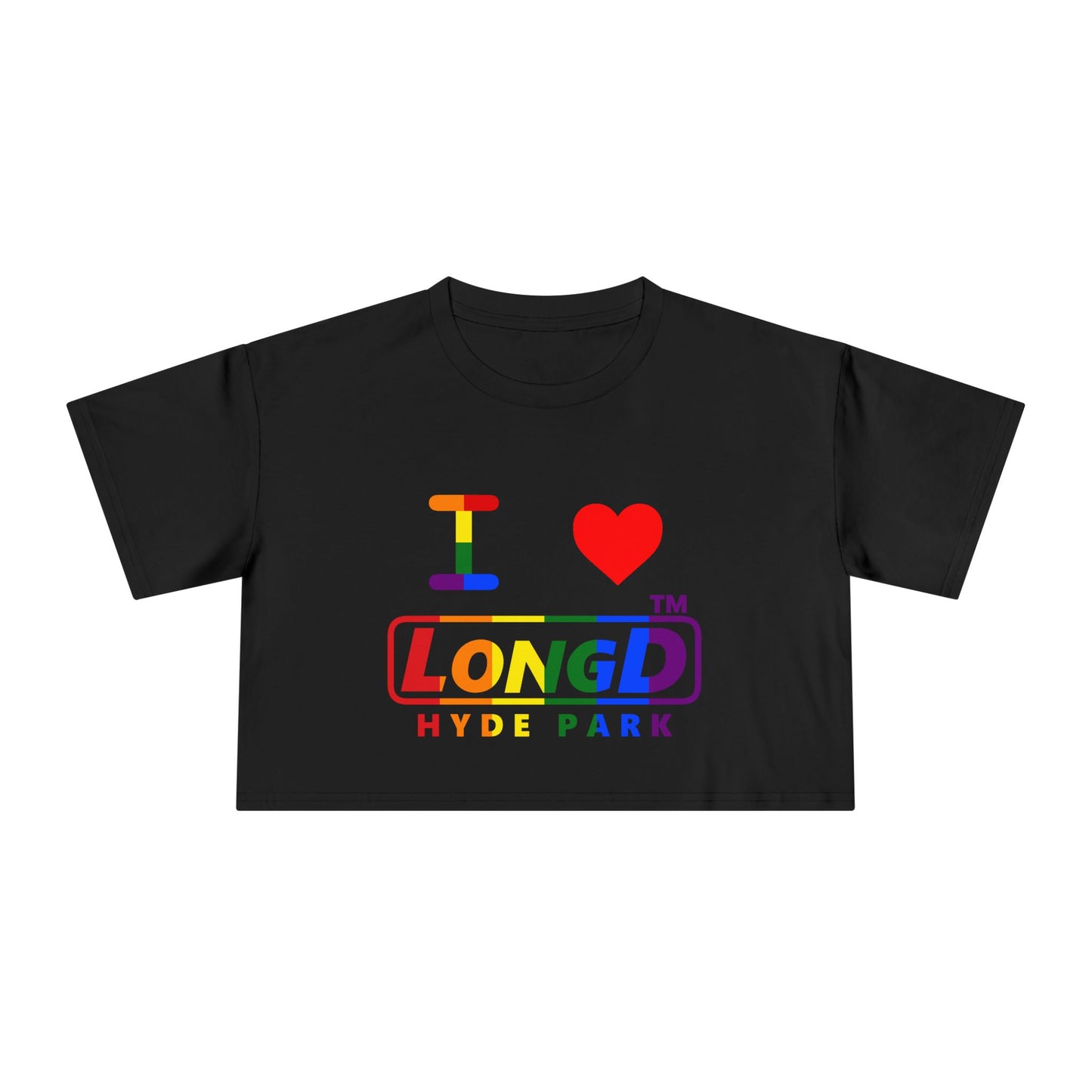 I Luv LongD positive vertical 6-striped Hyde Park logo crop tee (Pride colors)
