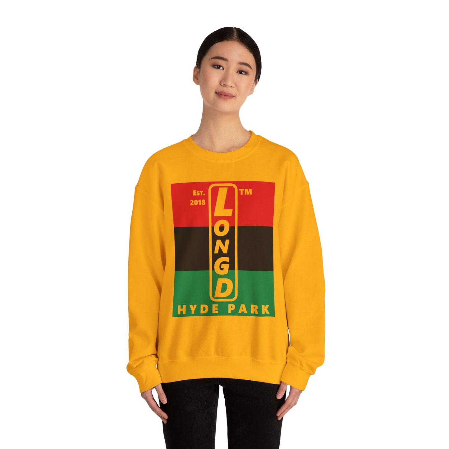 LongD negative horizontal 3-striped Hyde Park upright logo crewneck sweatshirt (Juneteenth colors)