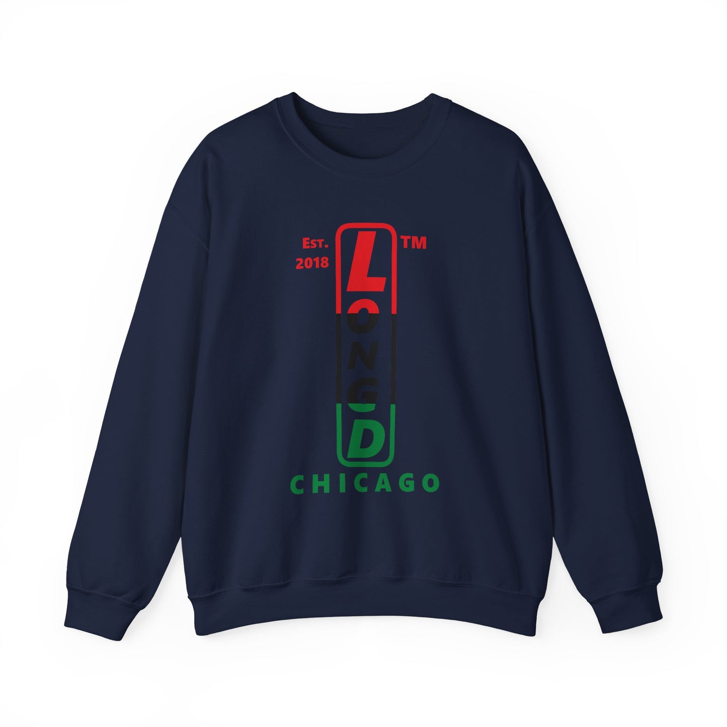 LongD positive horizontal 3-striped Chicago upright logo crewneck sweatshirt (Juneteenth colors)