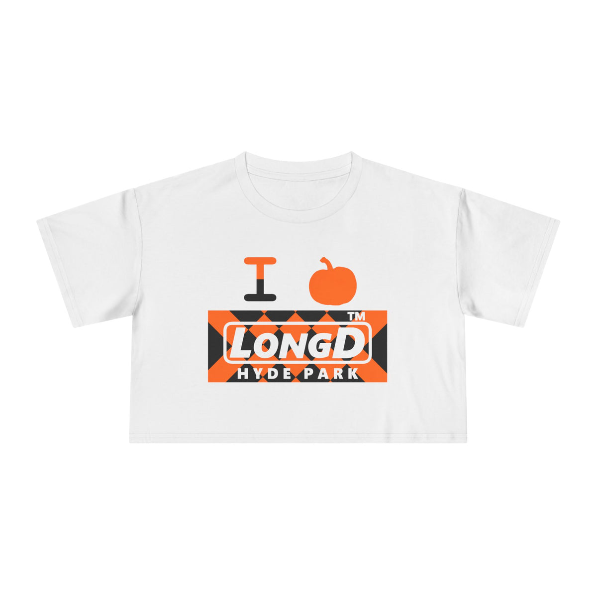 I pumpkin LongD Hyde Park negative stylized argyle logo crop tee