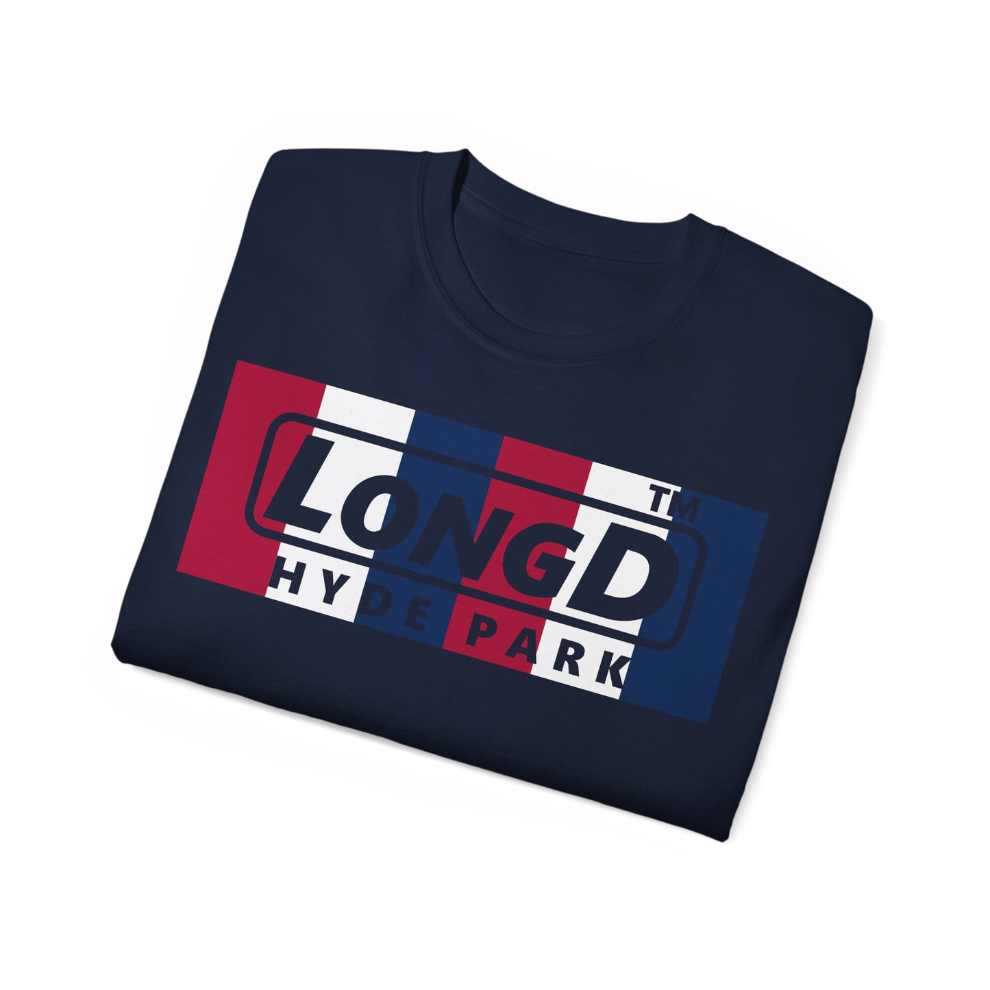 LongD negative vertical 6-striped Hyde Park logo cotton tee (patriotic colors)