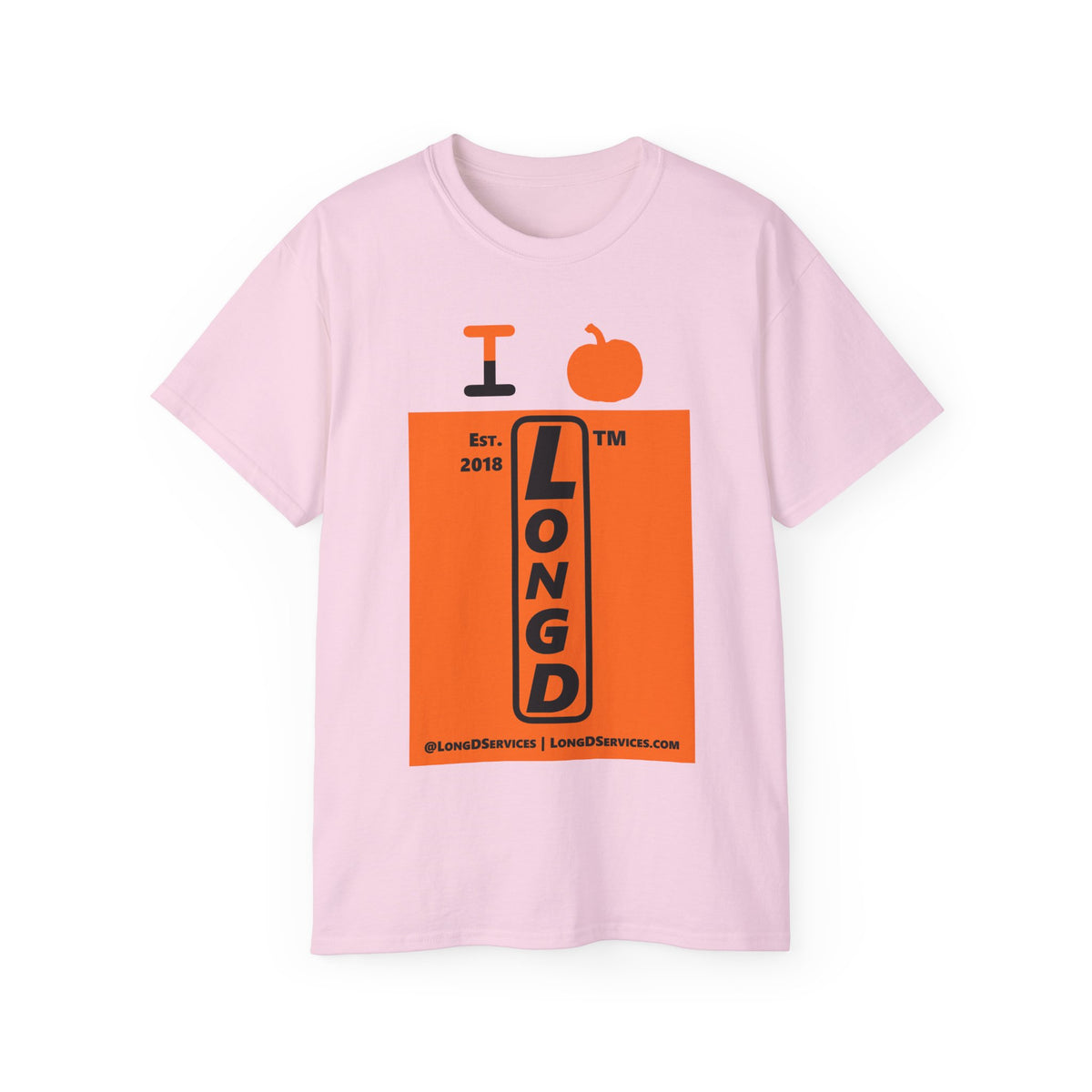 I pumpkin LongD Tag-domain upright logo positive black on negative orange cotton tee