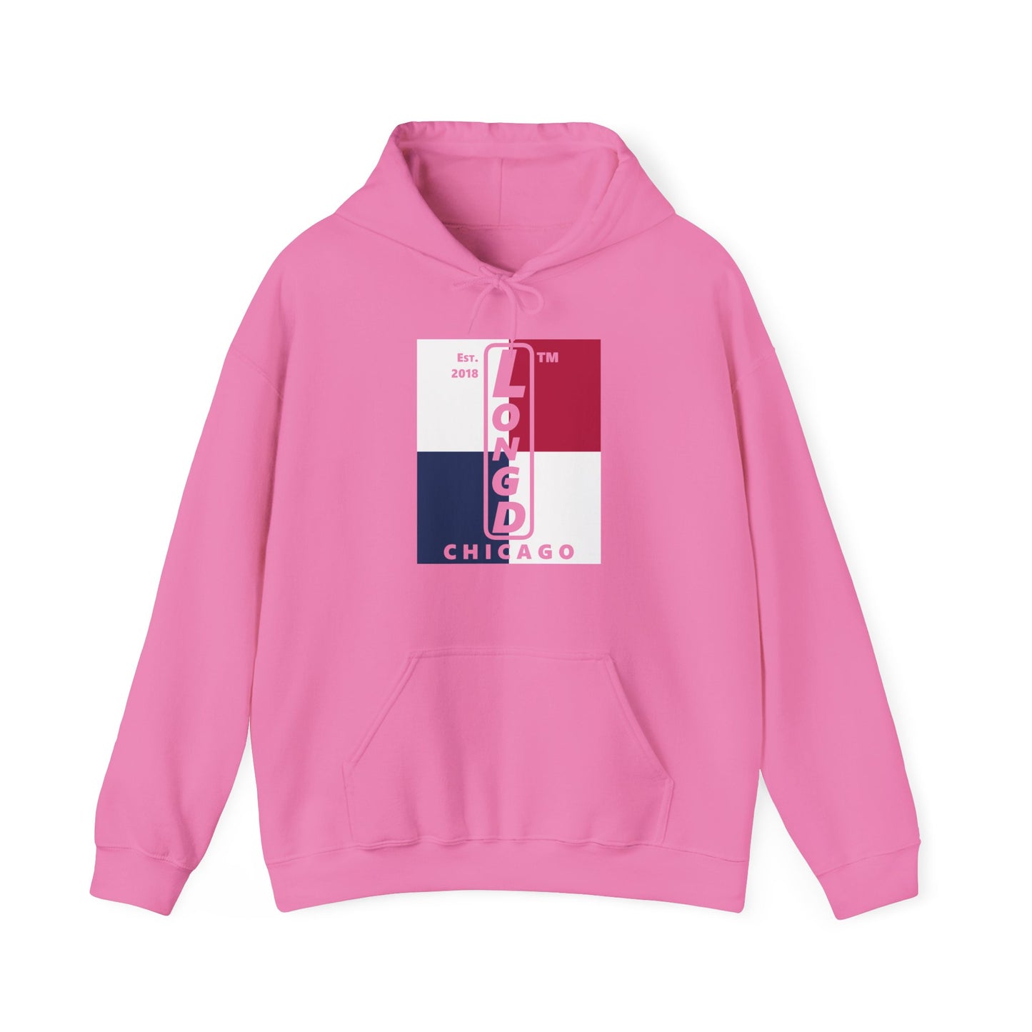 LongD® negative quarters upright Chicago logo hoodie