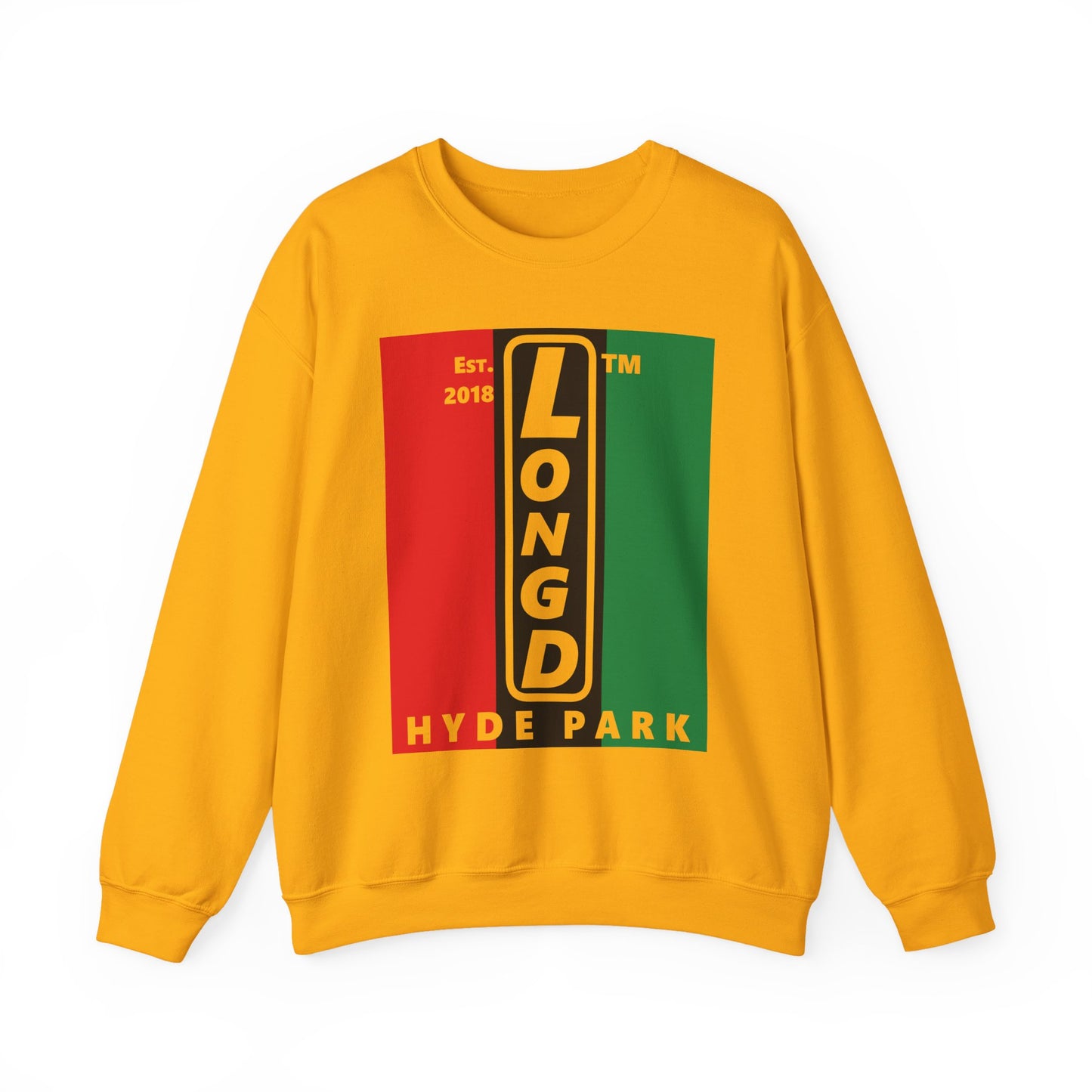 LongD negative vertical 3-striped Hyde Park upright logo crewneck sweatshirt (Juneteenth colors)
