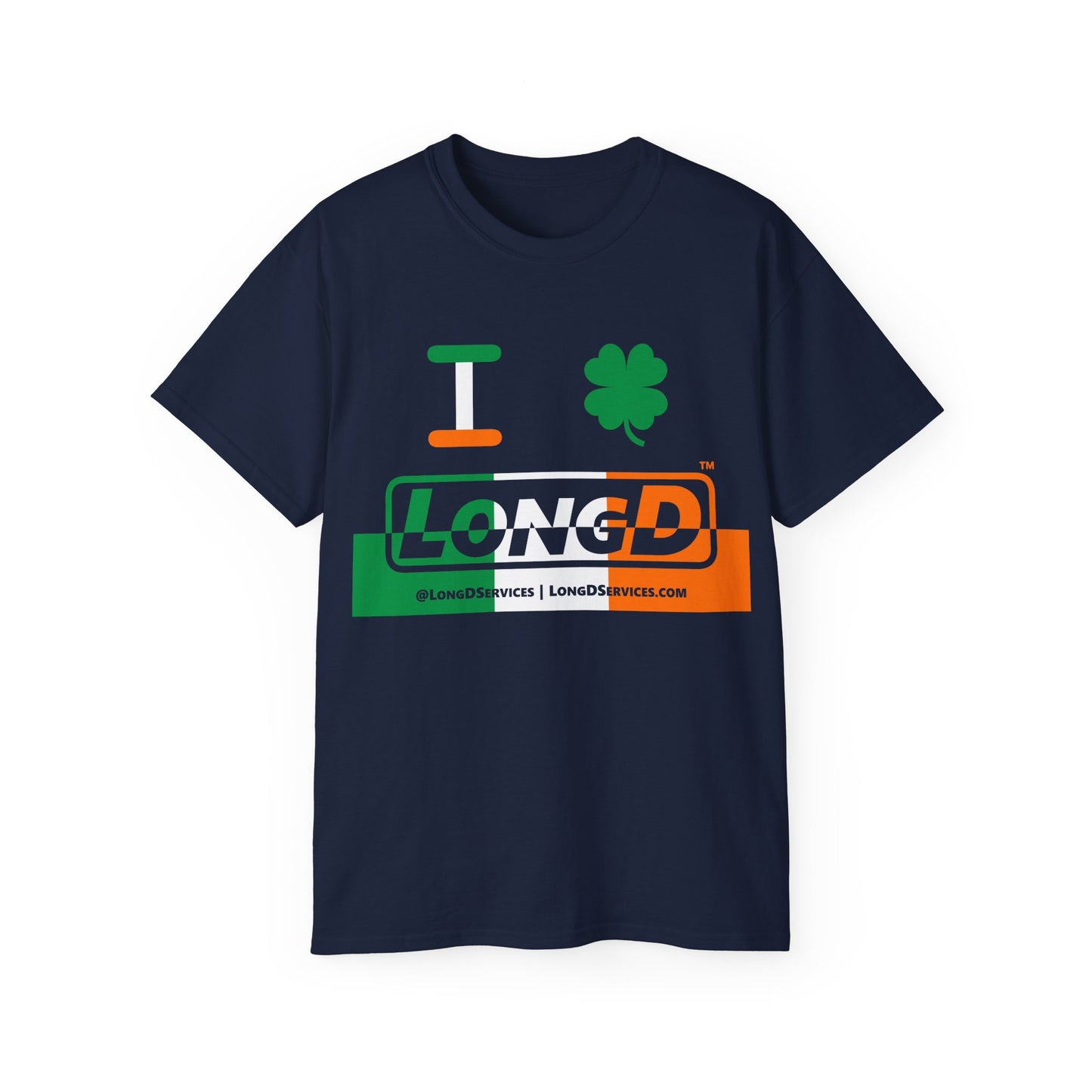 I Clover LongD® Logo Cotton Tee (St. Patrick's Day -Irish Green, White and Irish Orange thirds top-bottom positive-negative split with 4-leaf clover)