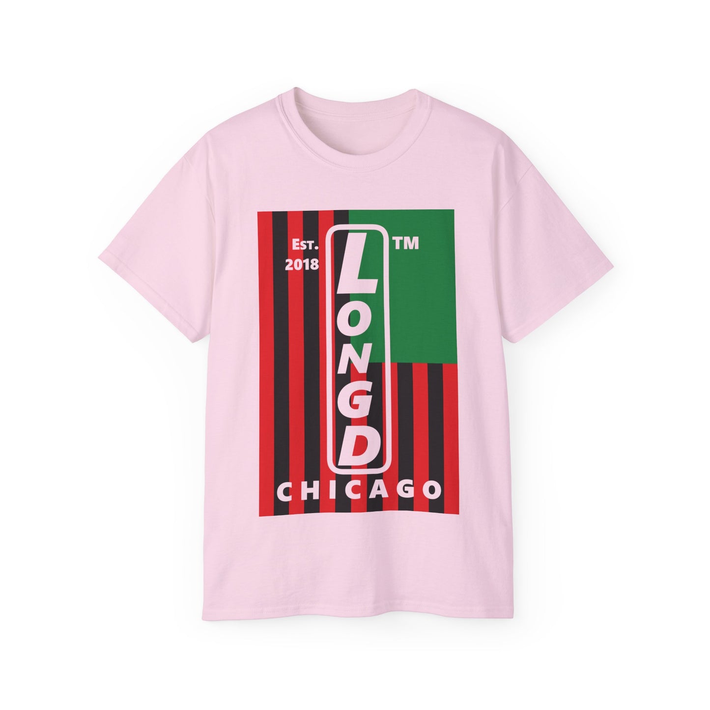 LongD Cotton Tee negative flag Chicago upright logo (Juneteenth colors)