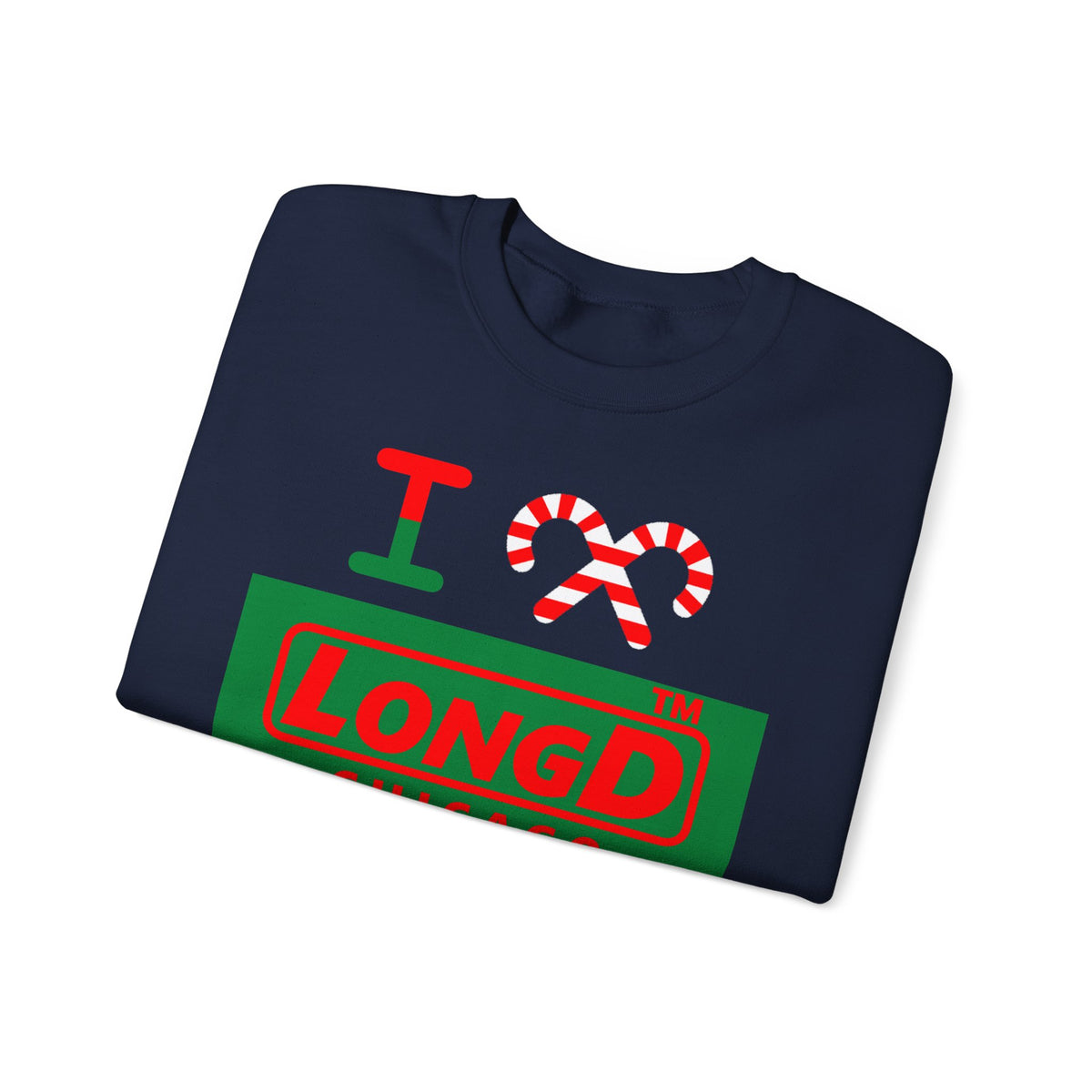 I candy cane LongD Chicago logo positive red on negative green crewneck sweatshirt