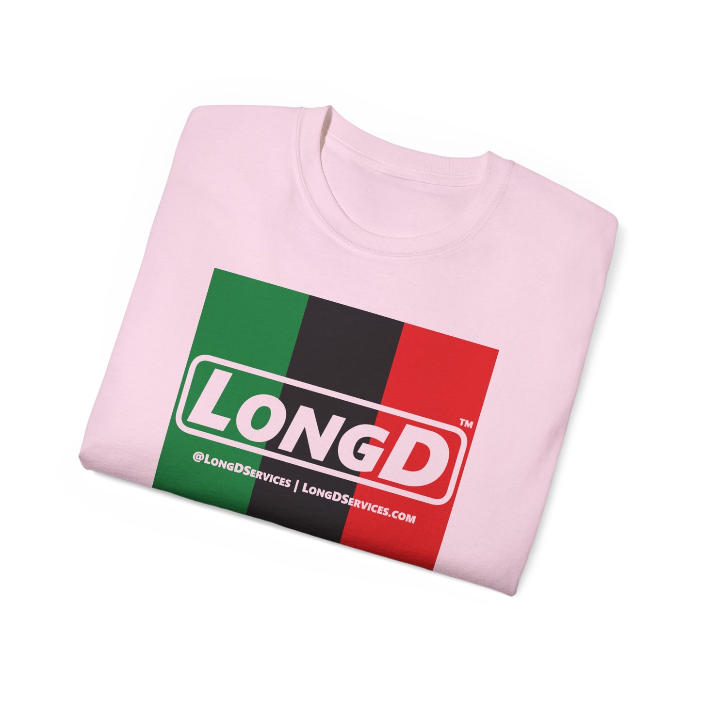 LongD® Logo Cotton Tee Juneteenth vertical Pan-African Flag negative text
