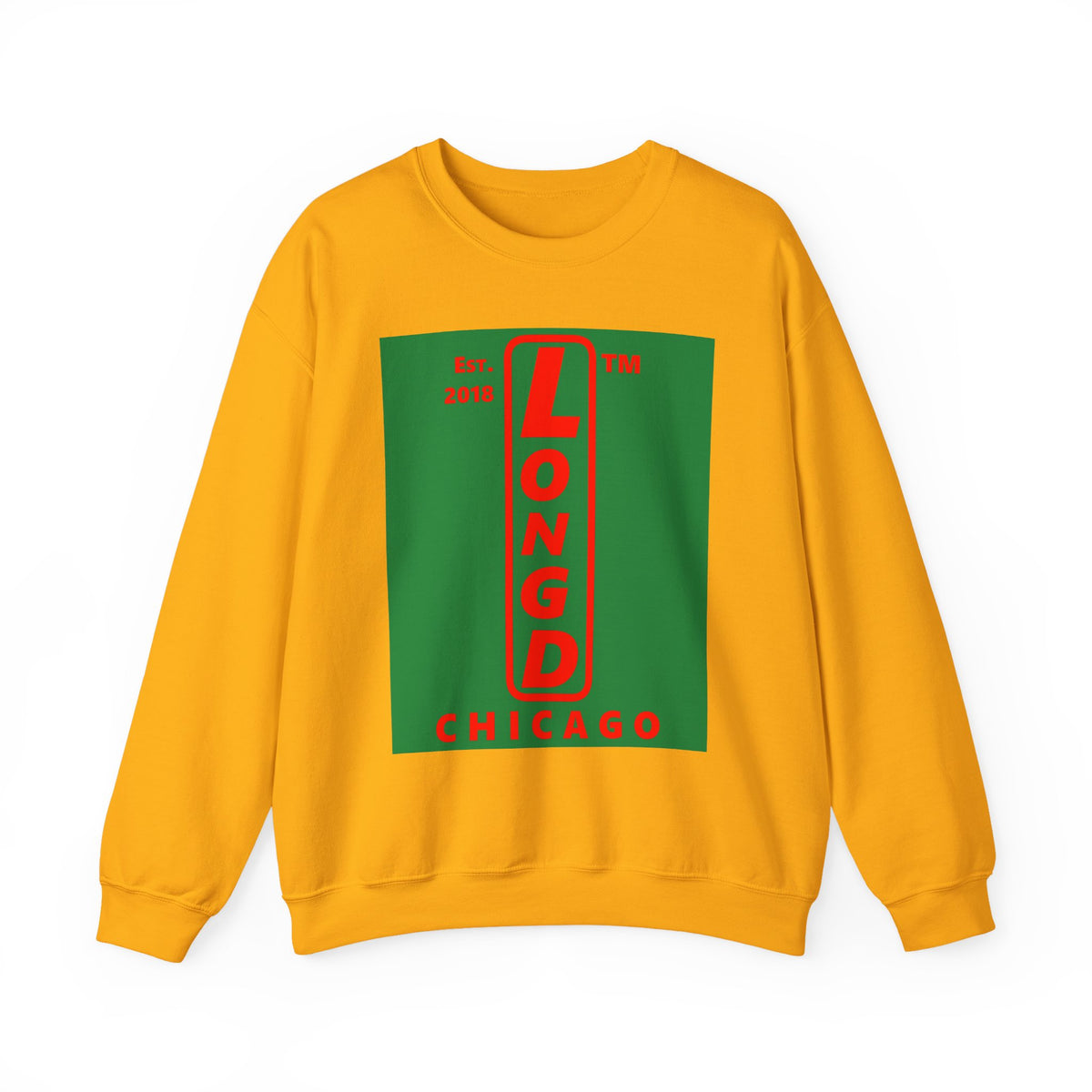 LongD Chicago upright logo positive red on negative green (Xmas colors) crewneck sweatshirt