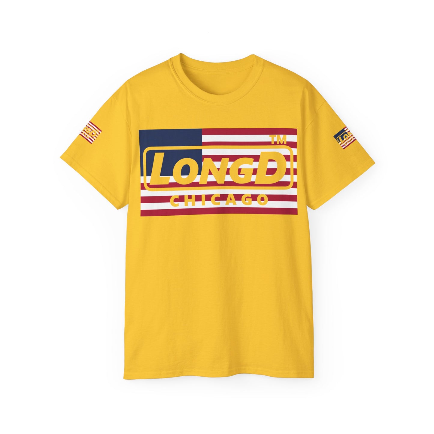 LongD negative flag 4-print Chicago logo cotton tee (patriotic colors)