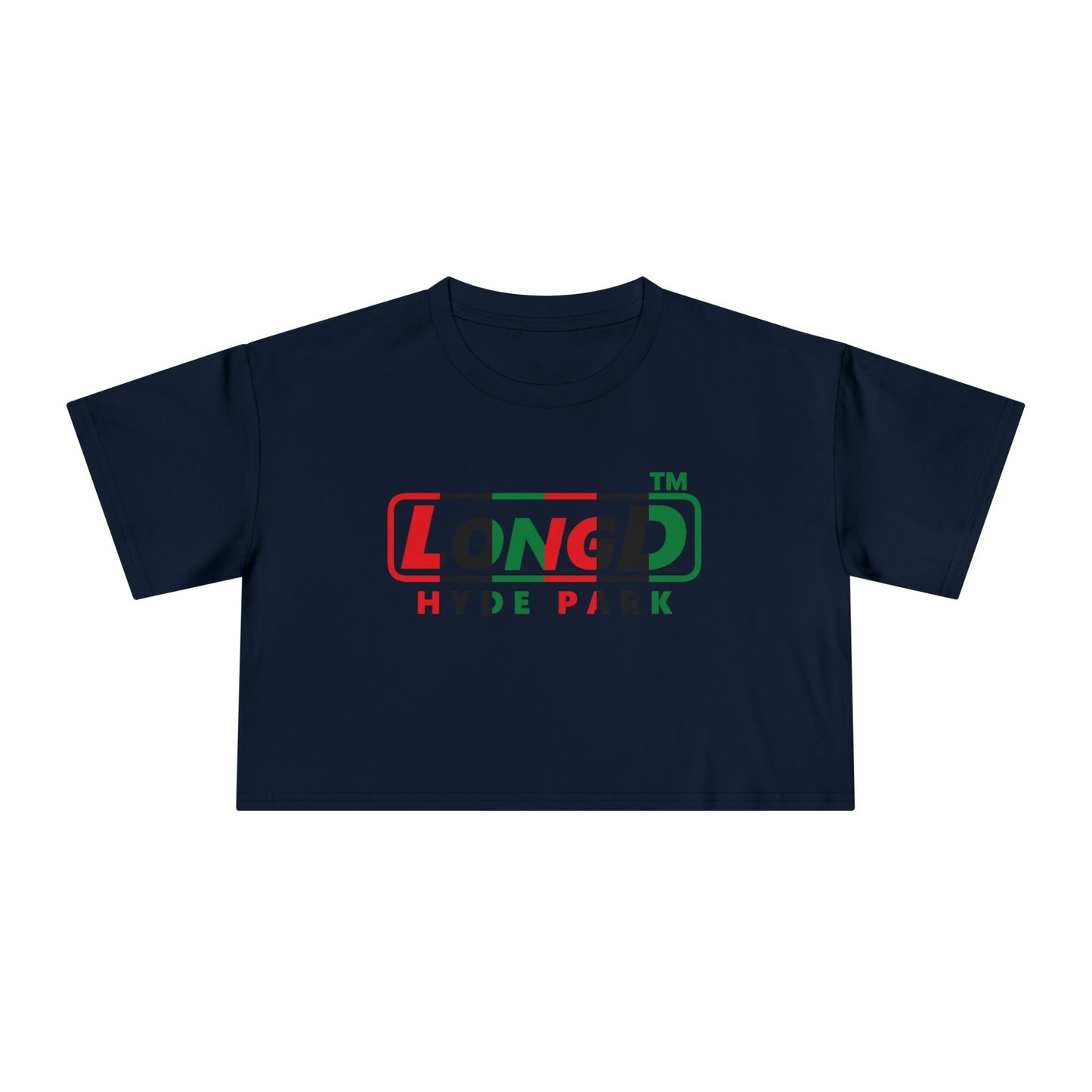 LongD positive vertical 6-striped Hyde Park logo crop tee (Juneteenth colors)
