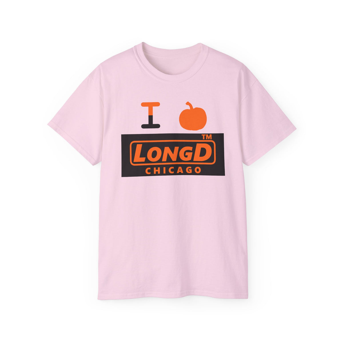 I pumpkin LongD Chicago logo positive orange on negative black cotton tee