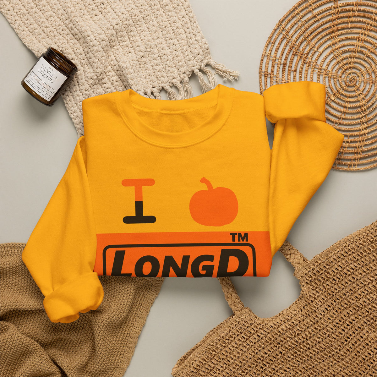 I pumpkin LongD Hyde Park logo positive black on negative orange crewneck sweatshirt