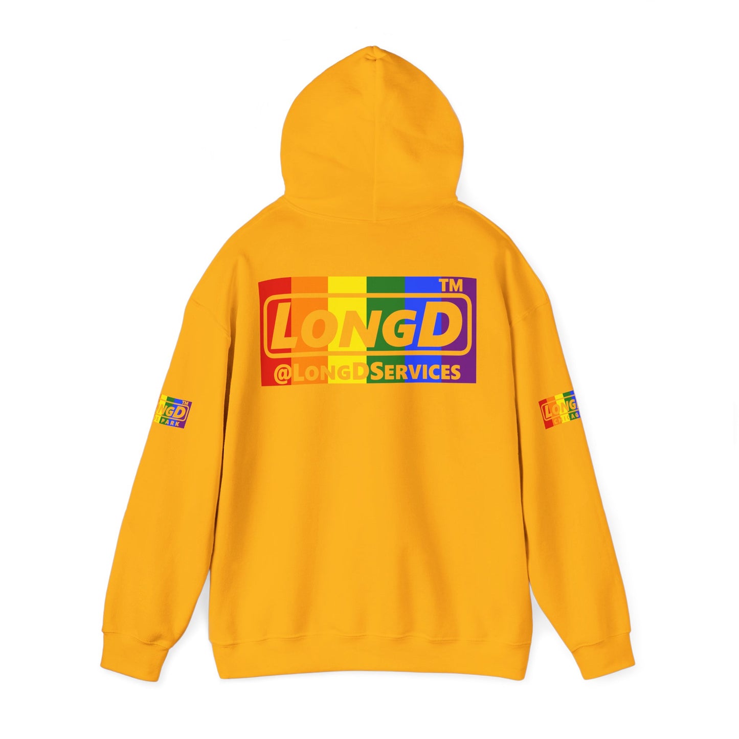 LongD® negative vertical striped 4-print Hyde Park logo hoodie (Pride colors)