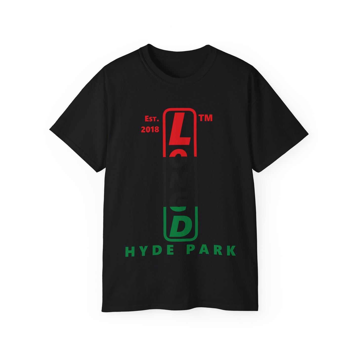 LongD Cotton Tee positive horizontal striped Hyde Park upright logo (Juneteenth colors)