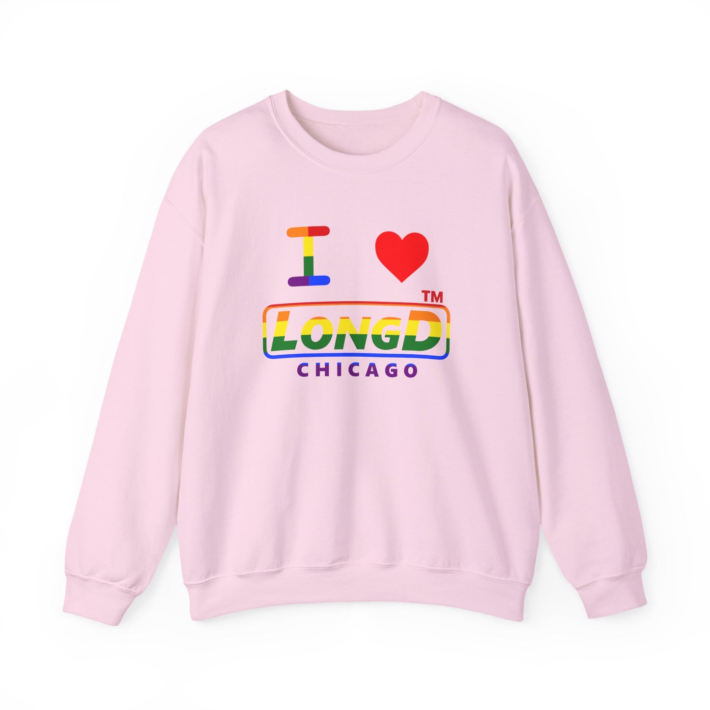 I Luv LongD positive horizontal striped front-back Chicago logo crewneck sweatshirt (Pride colors)