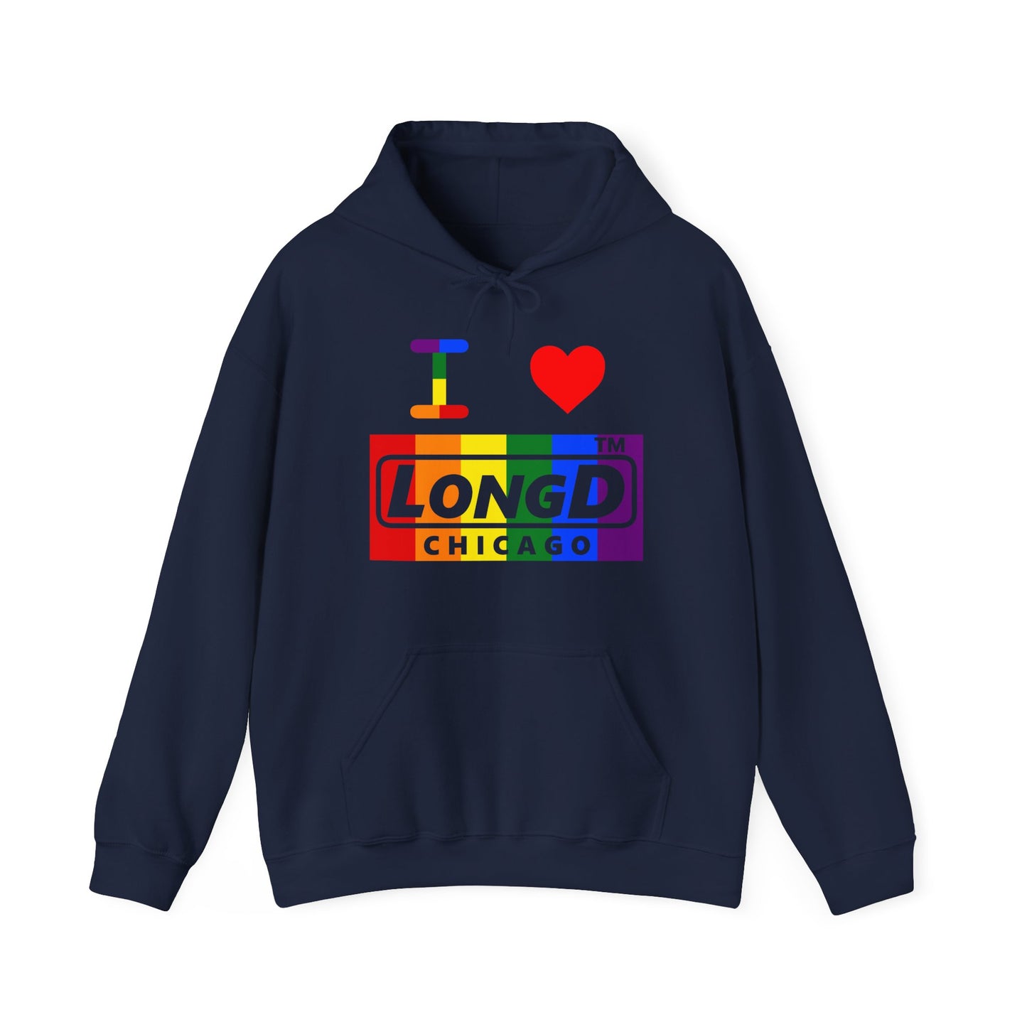 I Luv LongD® negative vertical striped Chicago logo hoodie (Pride colors)
