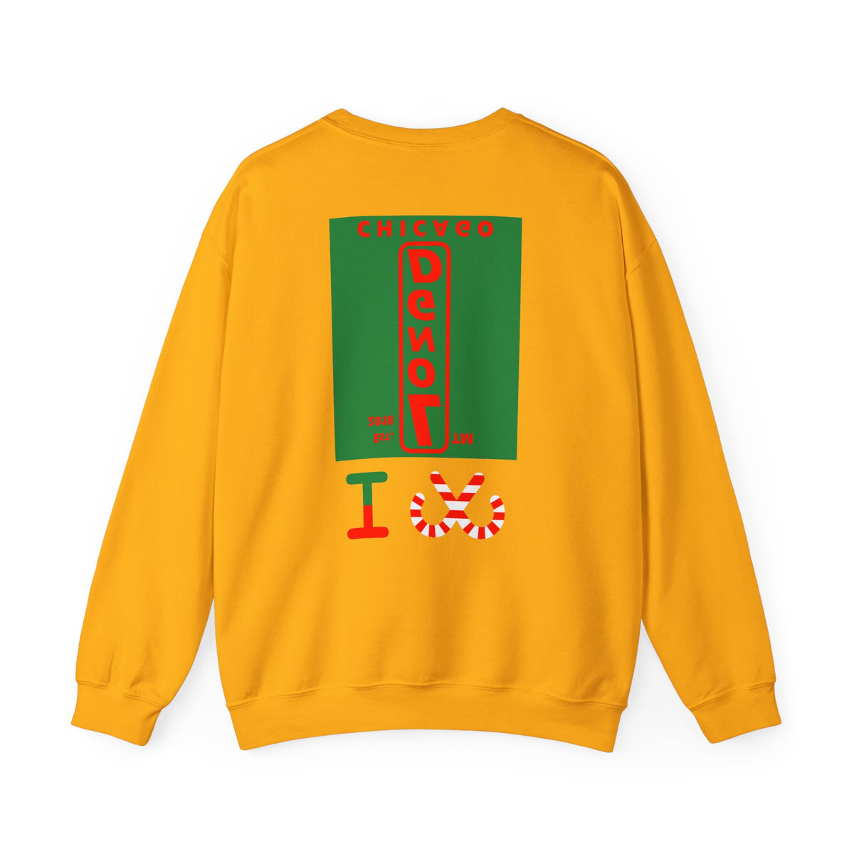 I candy cane LongD Chicago upright front-back logo positive red on negative green crewneck sweatshirt