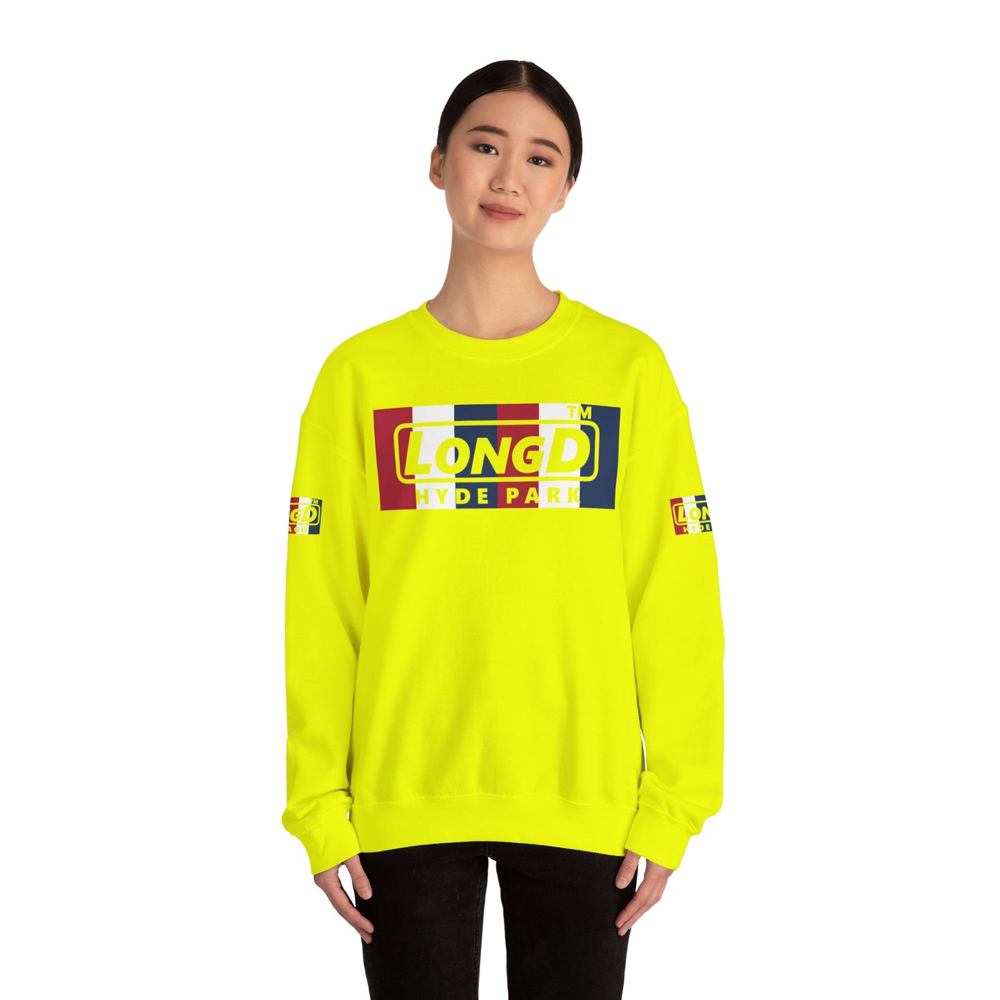 LongD negative vertical 6-striped 4-print double-breasted Hyde Park logo crewneck sweatshirt (patriotic colors)