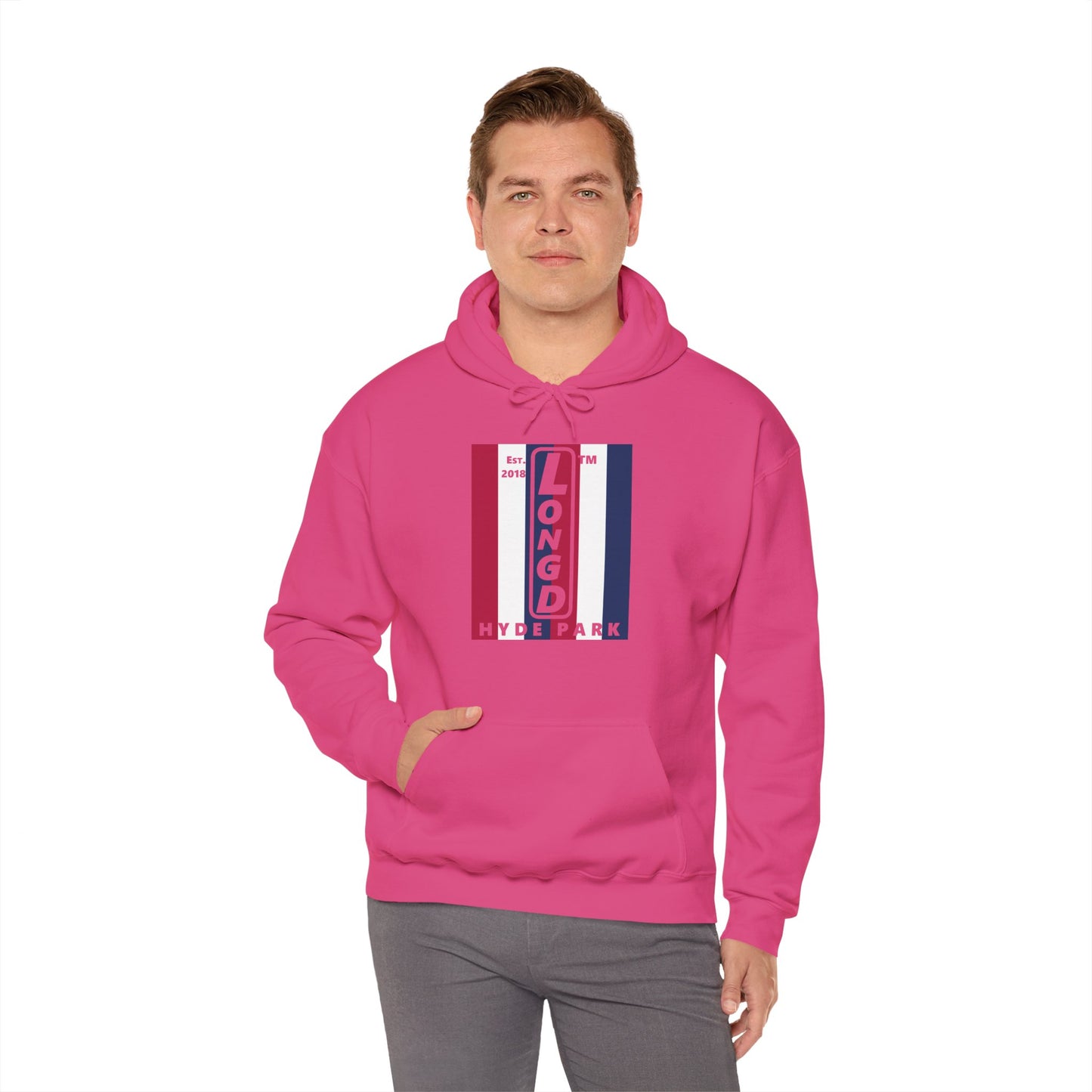 LongD® negative vertical 6-striped upright Hyde Park logo hoodie