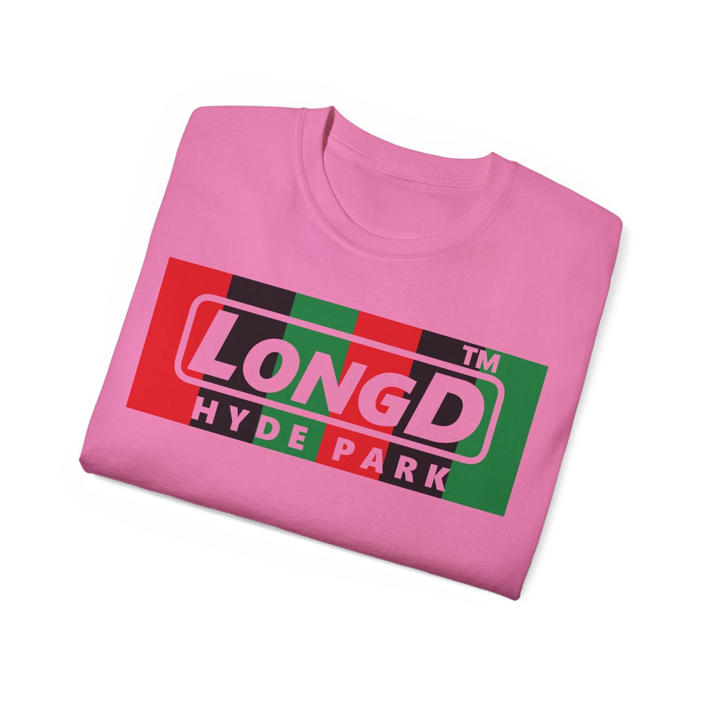 LongD negative vertical 6-striped Hyde Park logo front-back cotton tee (Juneteenth colors)