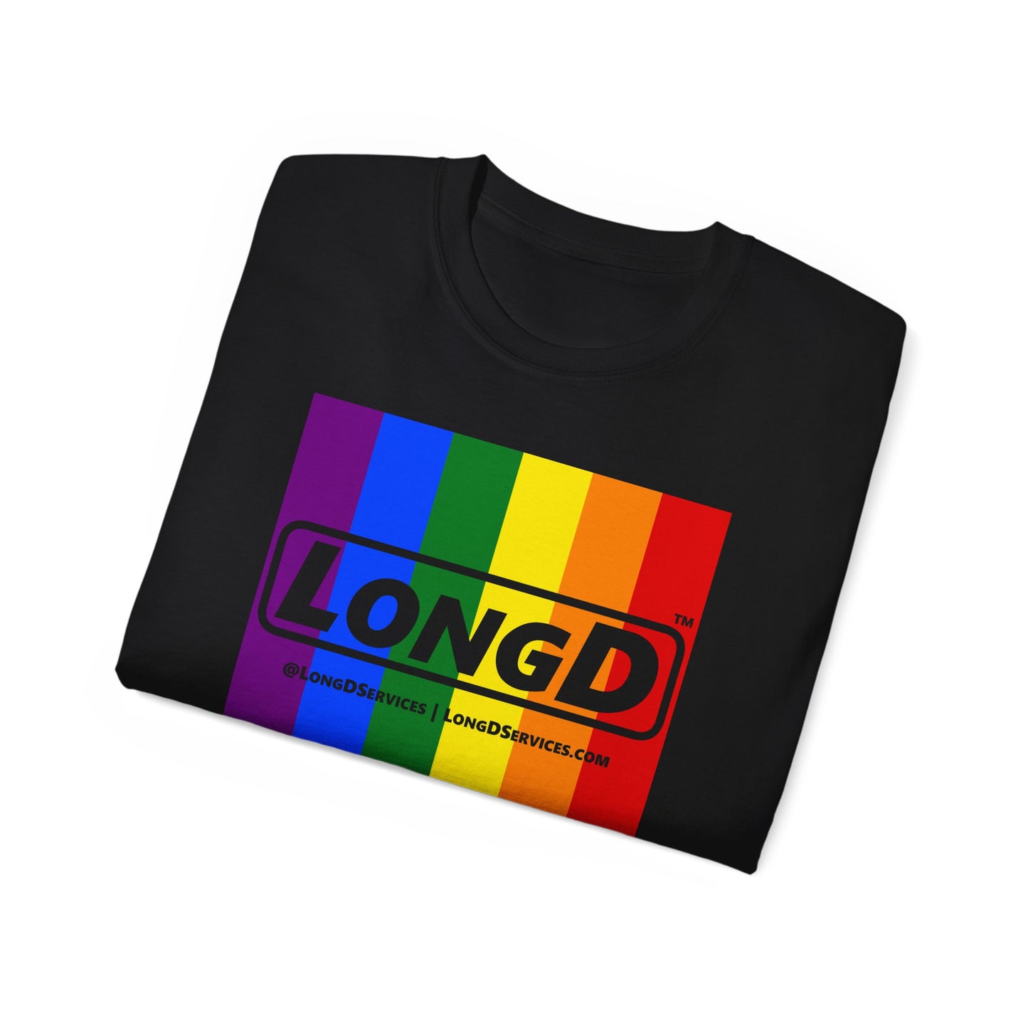 LongD® Logo Cotton Tee Pride rainbow vertical flag negative text