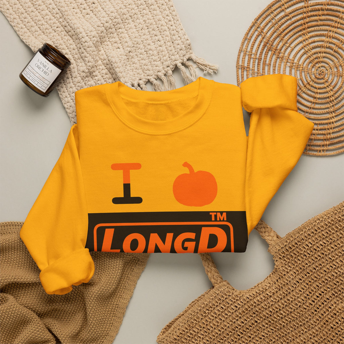 I pumpkin LongD Hyde Park logo positive orange on negative black crewneck sweatshirt