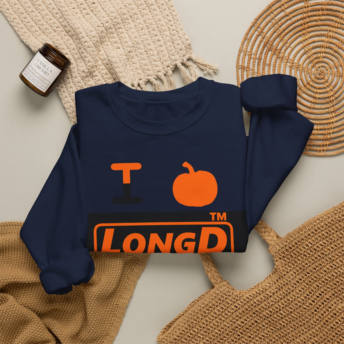 I pumpkin LongD Hyde Park logo positive orange on negative black crewneck sweatshirt