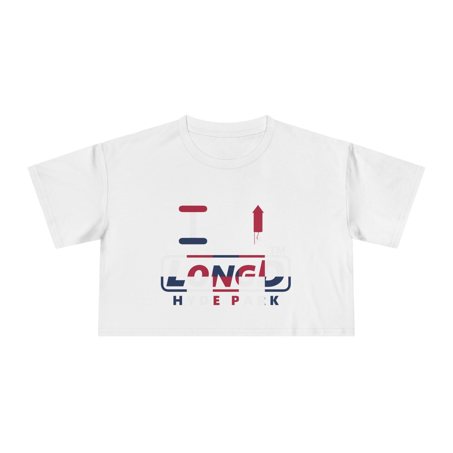 I firecracker LongD positive 2x5 double-breasted front-back Hyde Park Logo Crop Tee (Patriotic colors)