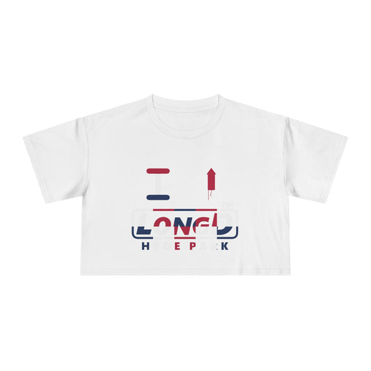 I firecracker LongD positive 2x5 double-breasted front-back Hyde Park Logo Crop Tee (Patriotic colors)