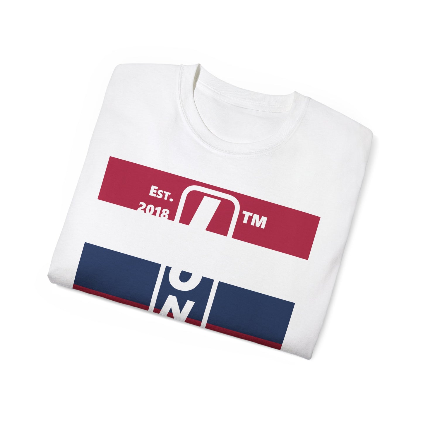 LongD cotton tee negative horizontal 6-striped Hyde Park upright logo (Patriotic colors)