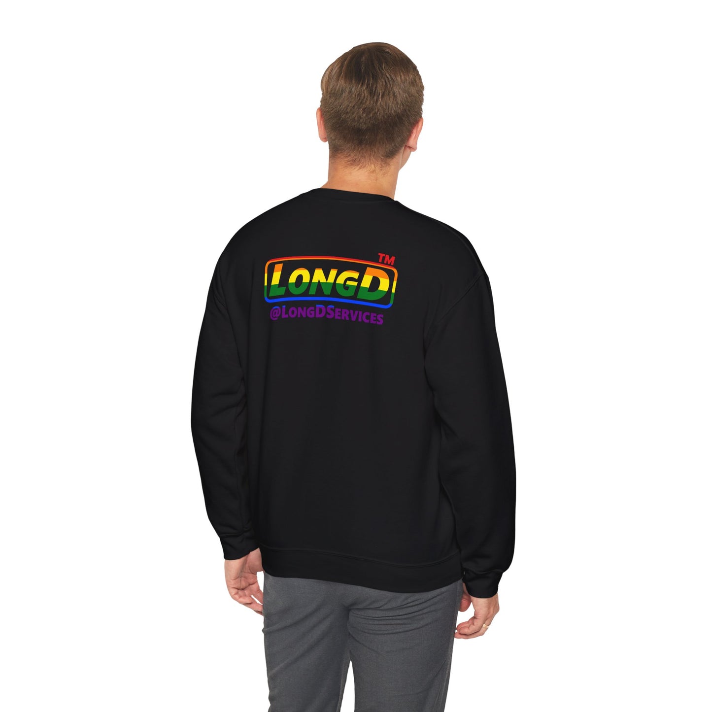 I Luv LongD positive horizontal striped front-back Chicago logo crewneck sweatshirt (Pride colors)