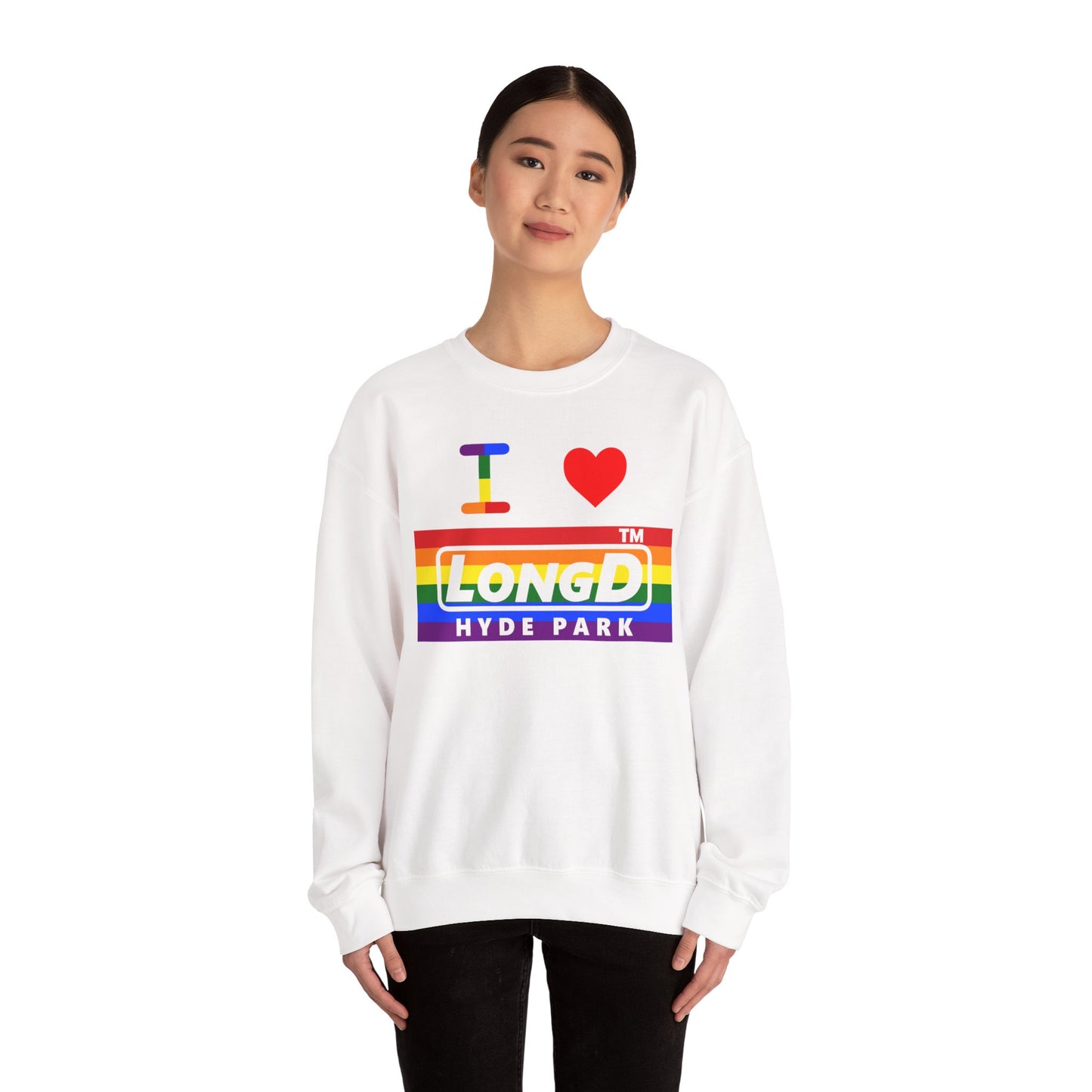 I Luv LongD negative horizontal striped Hyde Park logo crewneck sweatshirt (Pride colors)