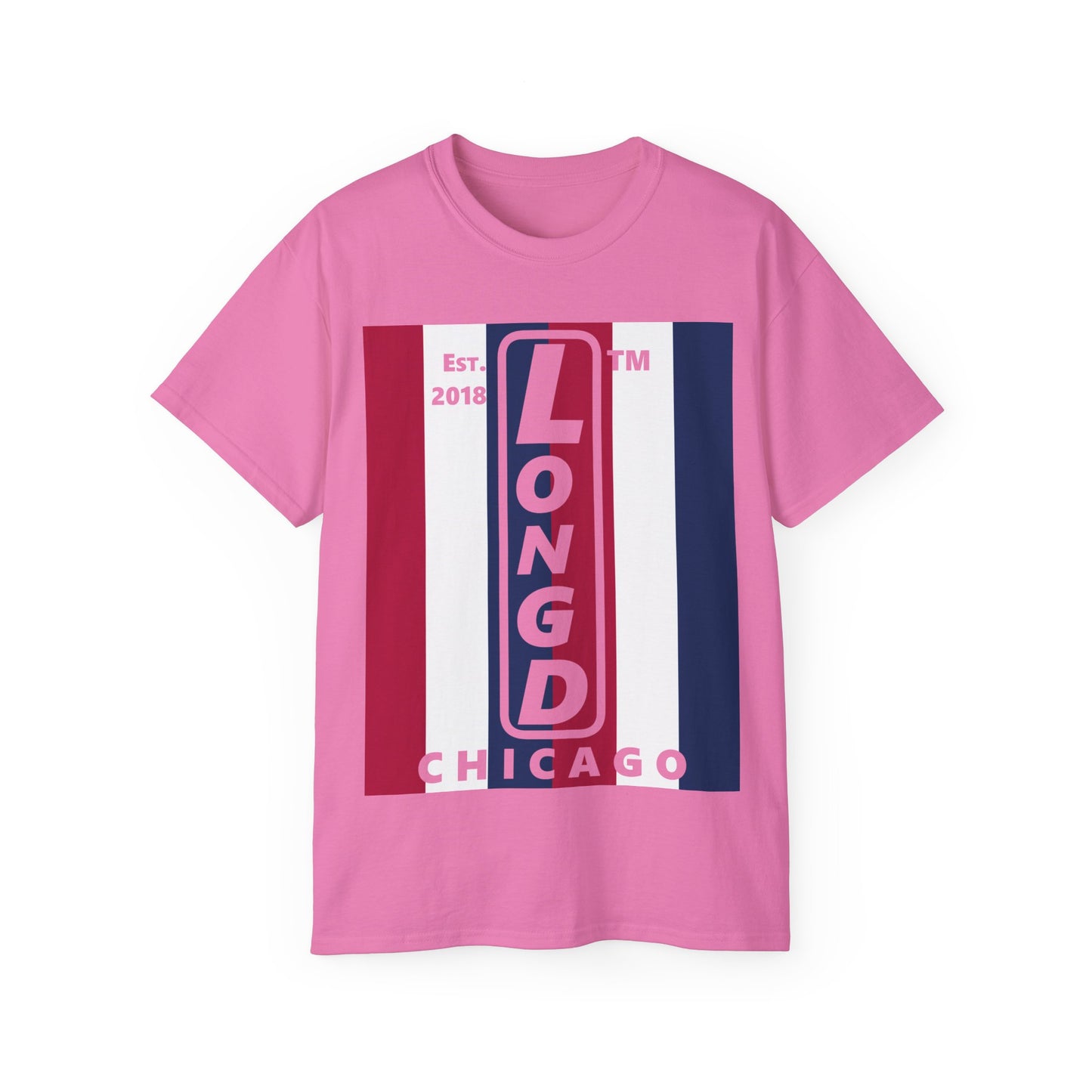 LongD cotton tee negative vertical 6-striped Chicago upright logo (Patriotic colors)