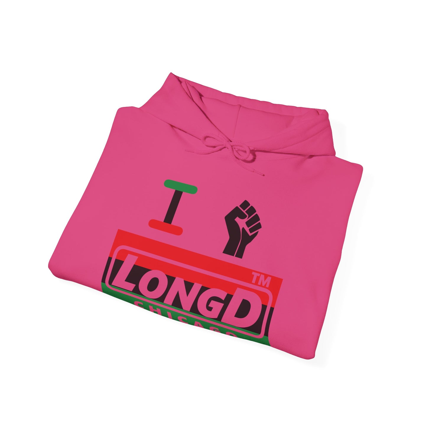 I fist LongD® negative horizontal 3-striped Chicago logo Hoodie (Juneteenth colors)