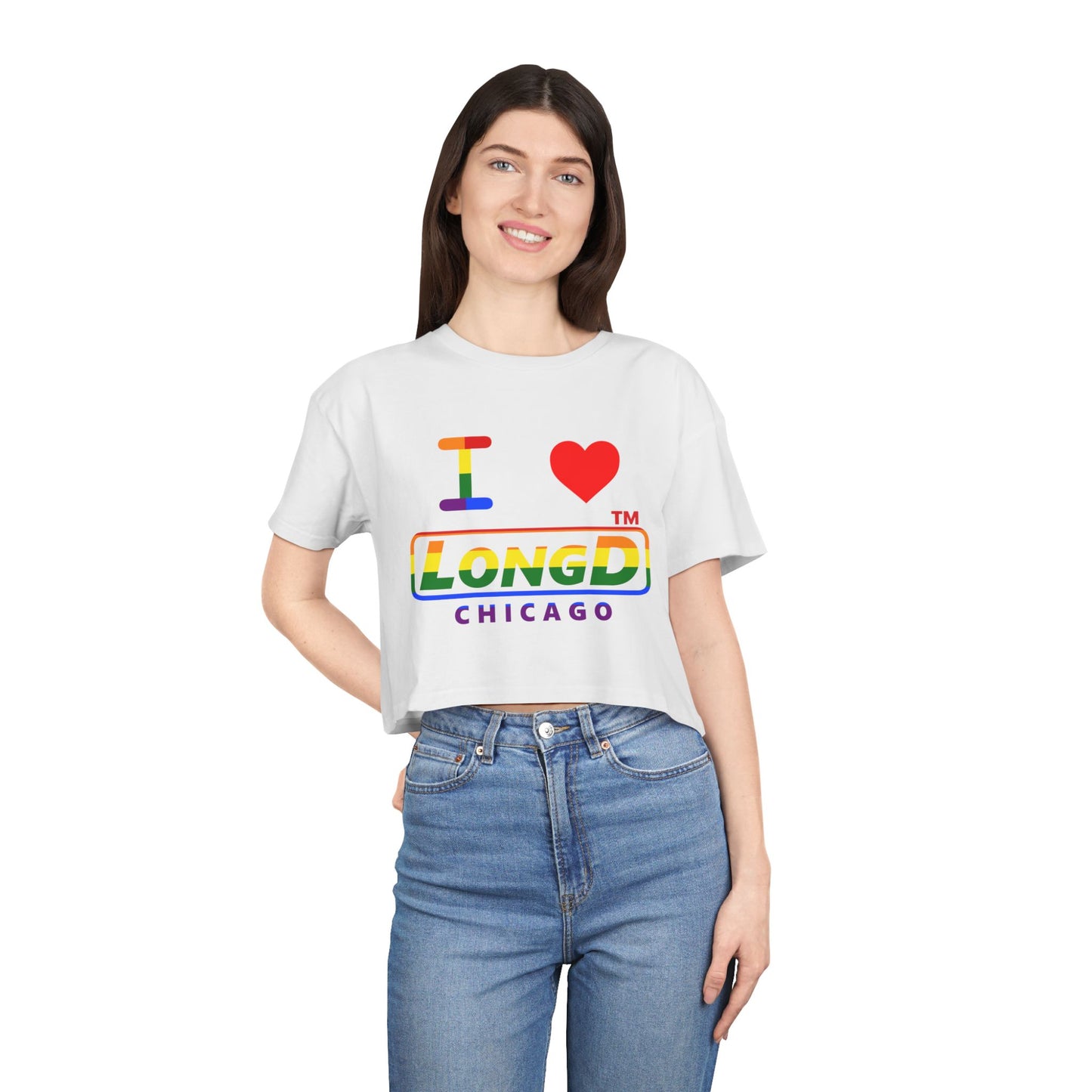 I Luv LongD positive horizontal 6-striped Chicago logo crop tee (Pride colors)