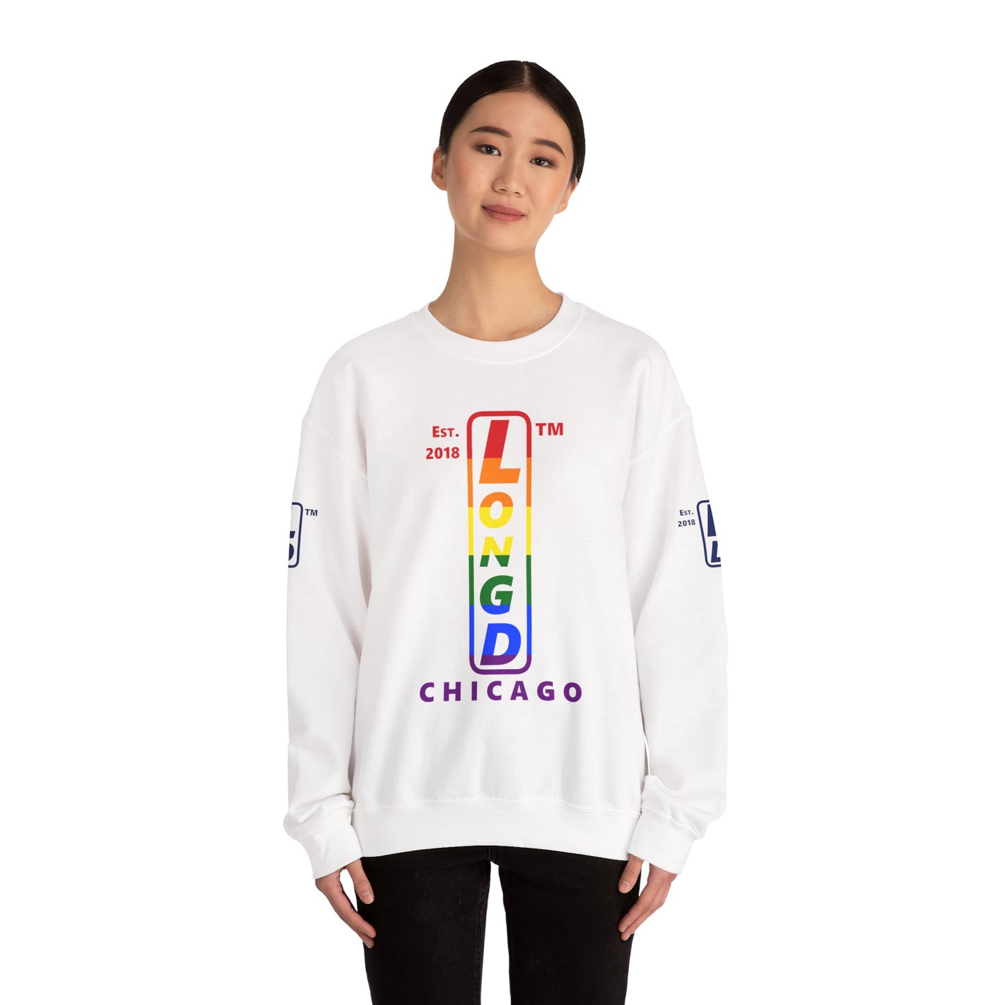 LongD positive horizontal 6-striped Chicago 4-print upright logo crewneck sweatshirt (Pride colors)