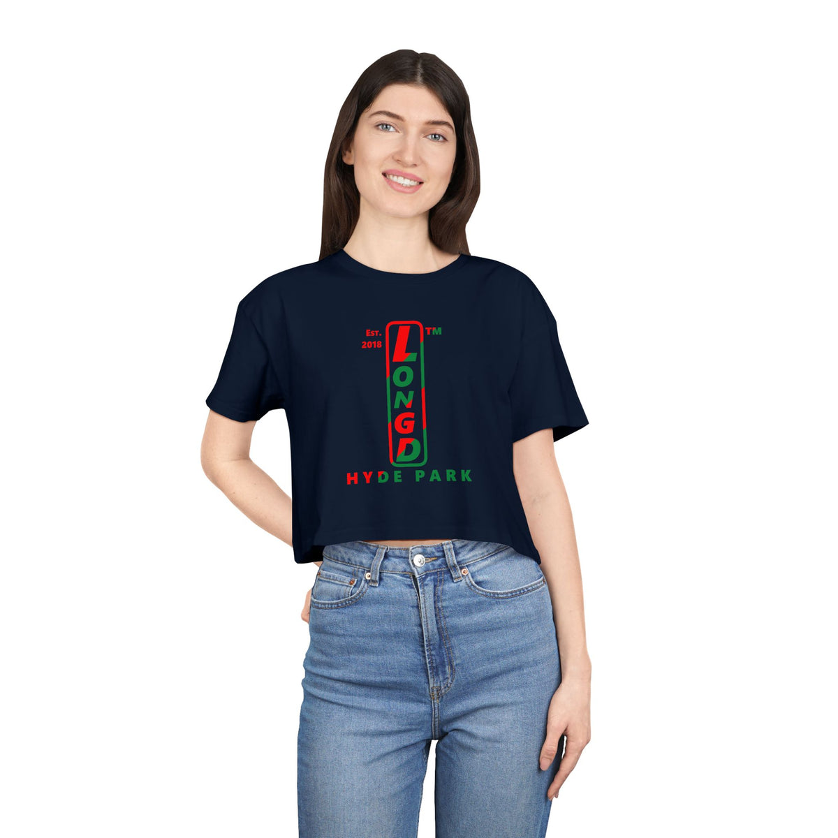 LongD Hyde Park positive upright pixel-weighted 4-striped logo (Xmas colors) crop tee