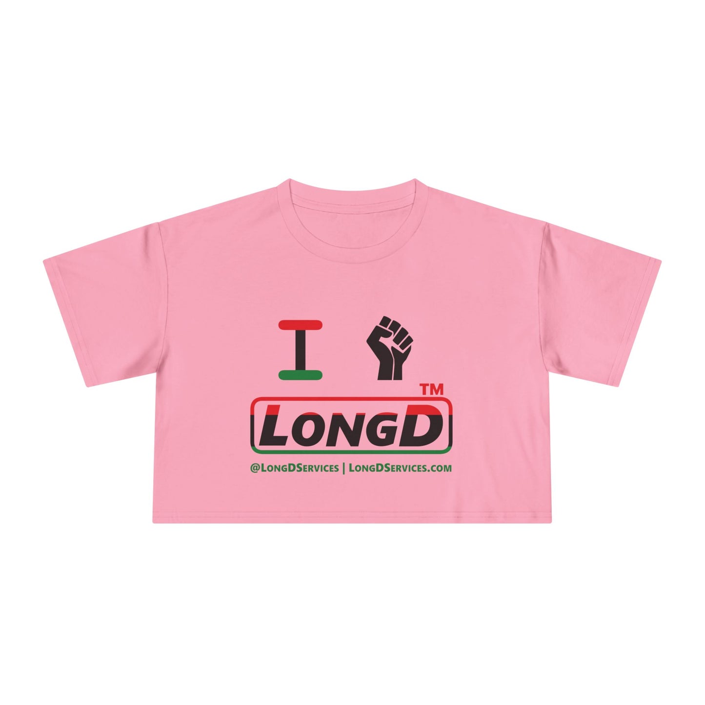 I fist LongD positive horizontal 3-striped tag-domain logo crop tee