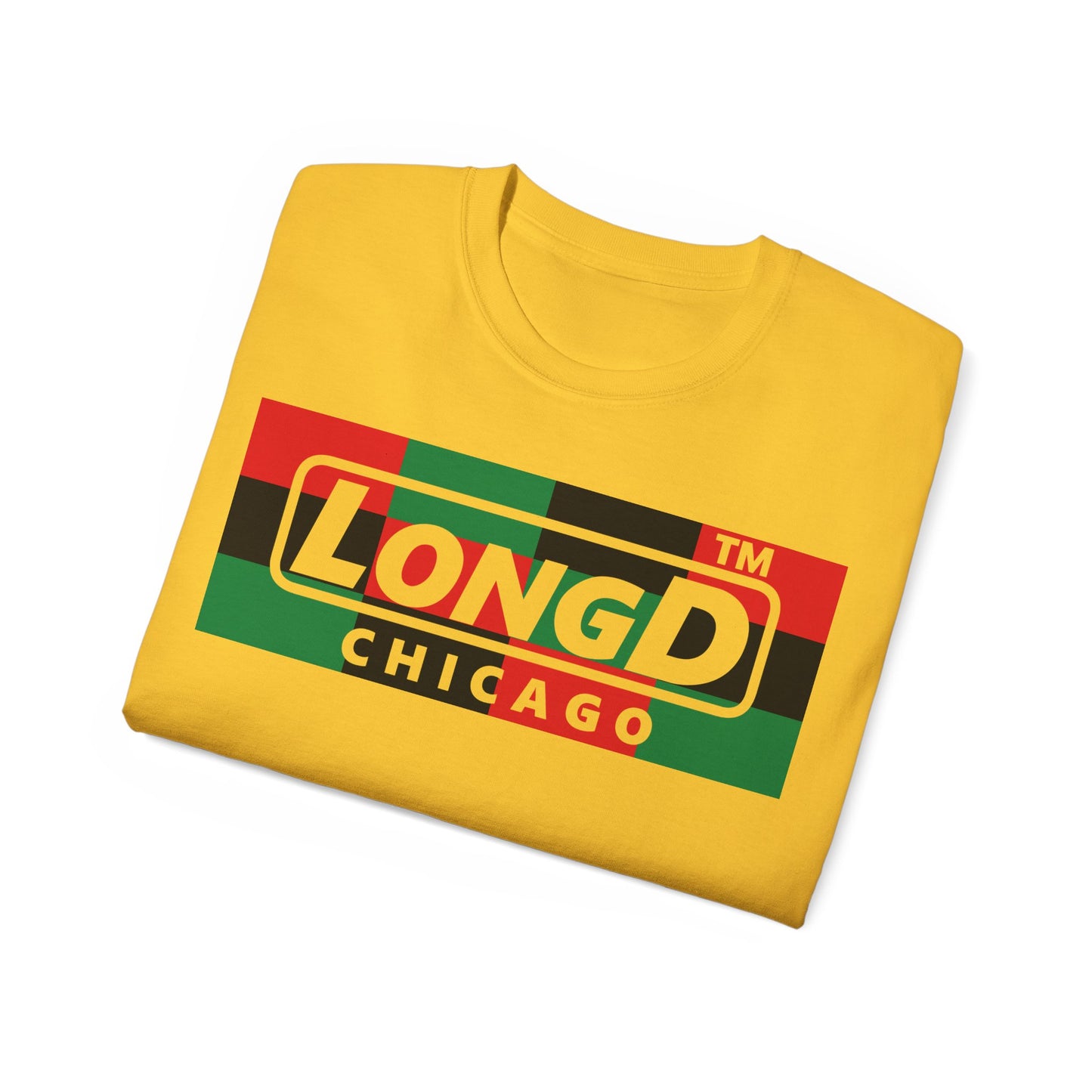 LongD negative 3x4 Chicago logo cotton tee (Juneteenth colors)
