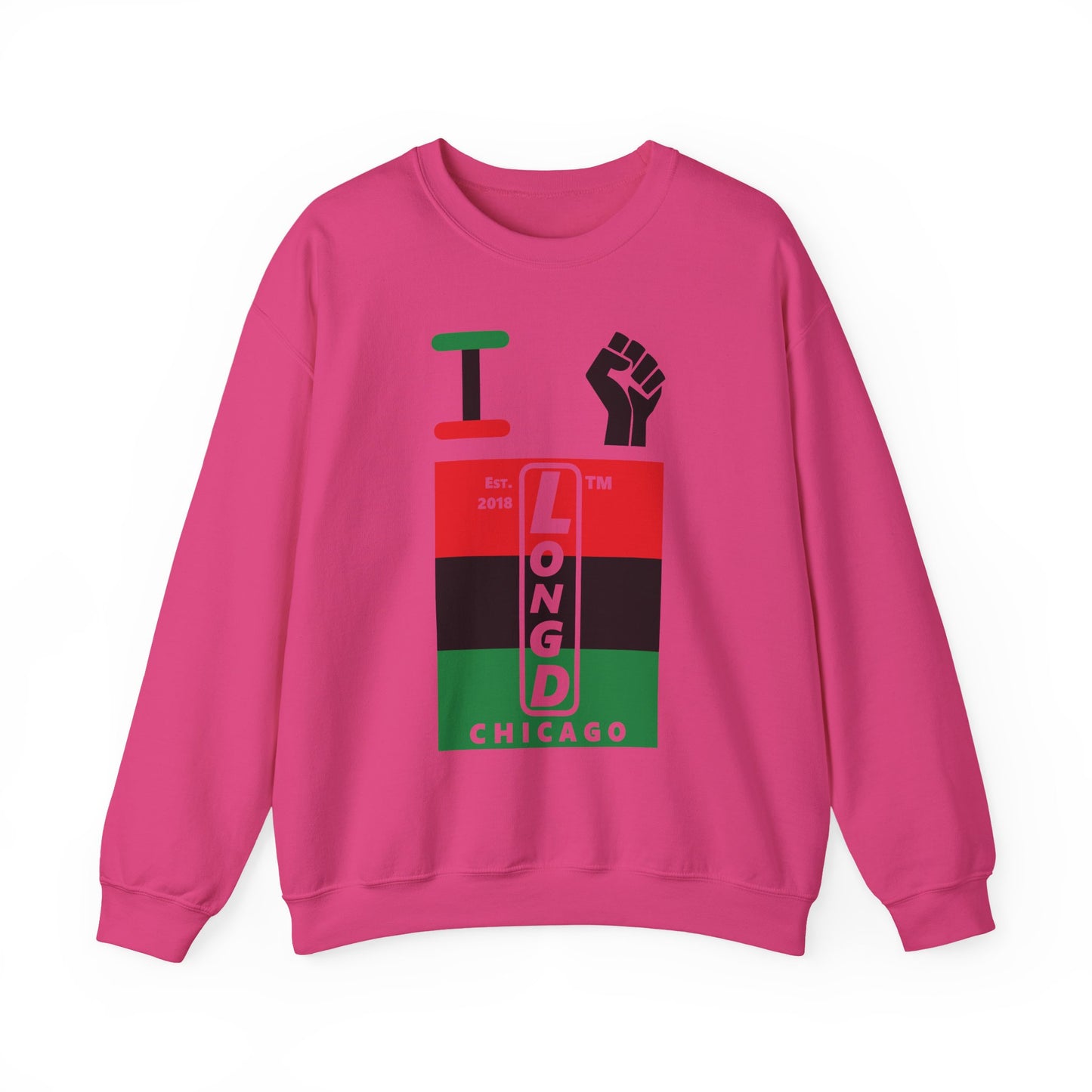 I Fist LongD negative horizontal 3-striped Chicago upright logo crewneck sweatshirt