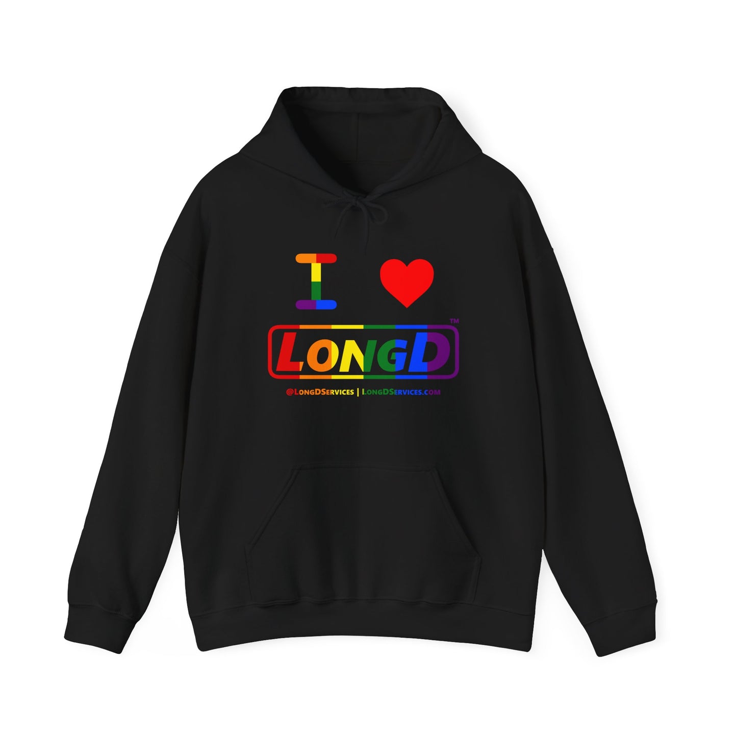 I Luv LongD® Logo Hoodie with Pride rainbow positive text