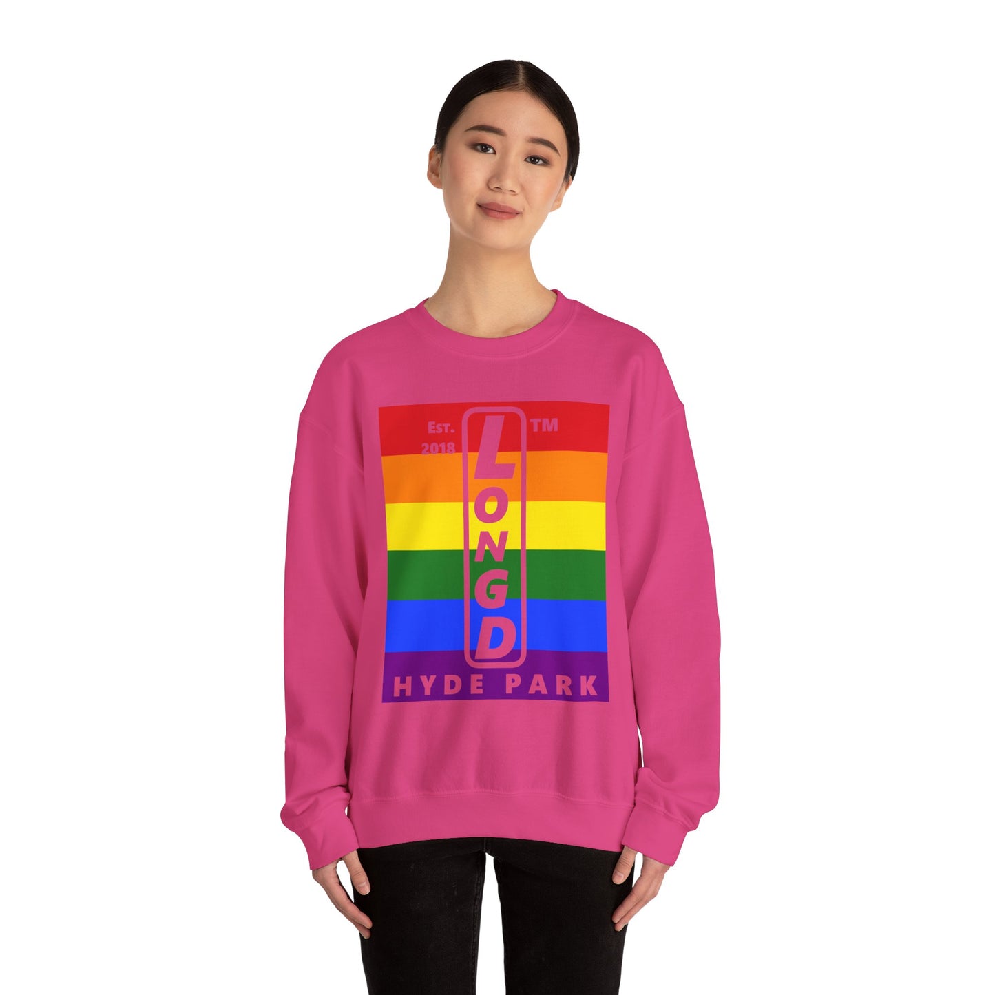 LongD negative horizontal 6-striped Hyde Park upright logo crewneck sweatshirt (Pride colors)