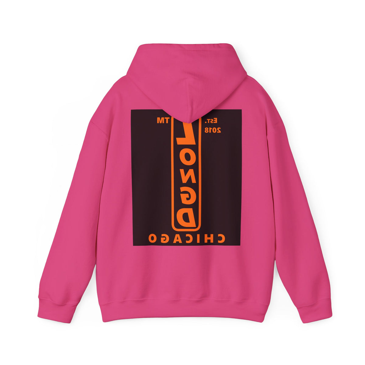 LongD Chicago upright front-back logo orange (FE7518) on Black (000000) hoodie
